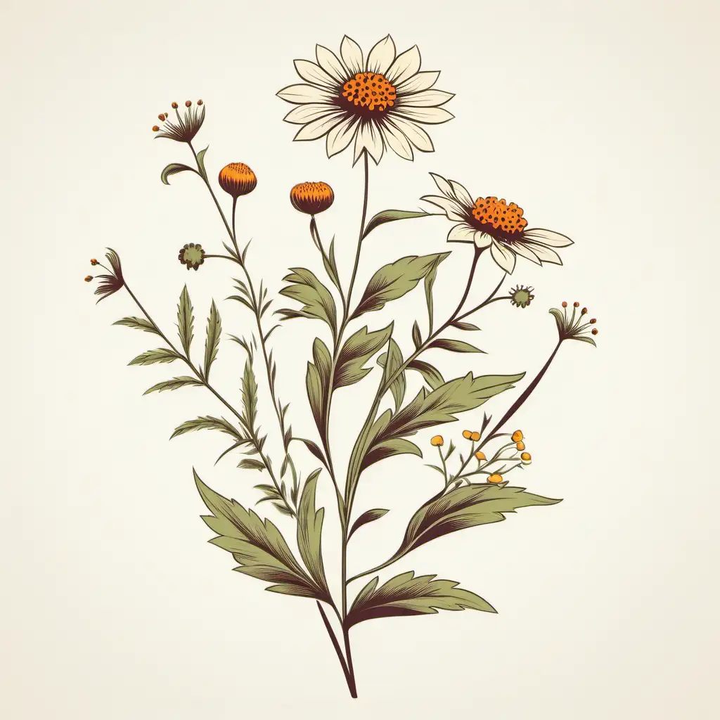 retro style wildflower WHITE BACKGROUND