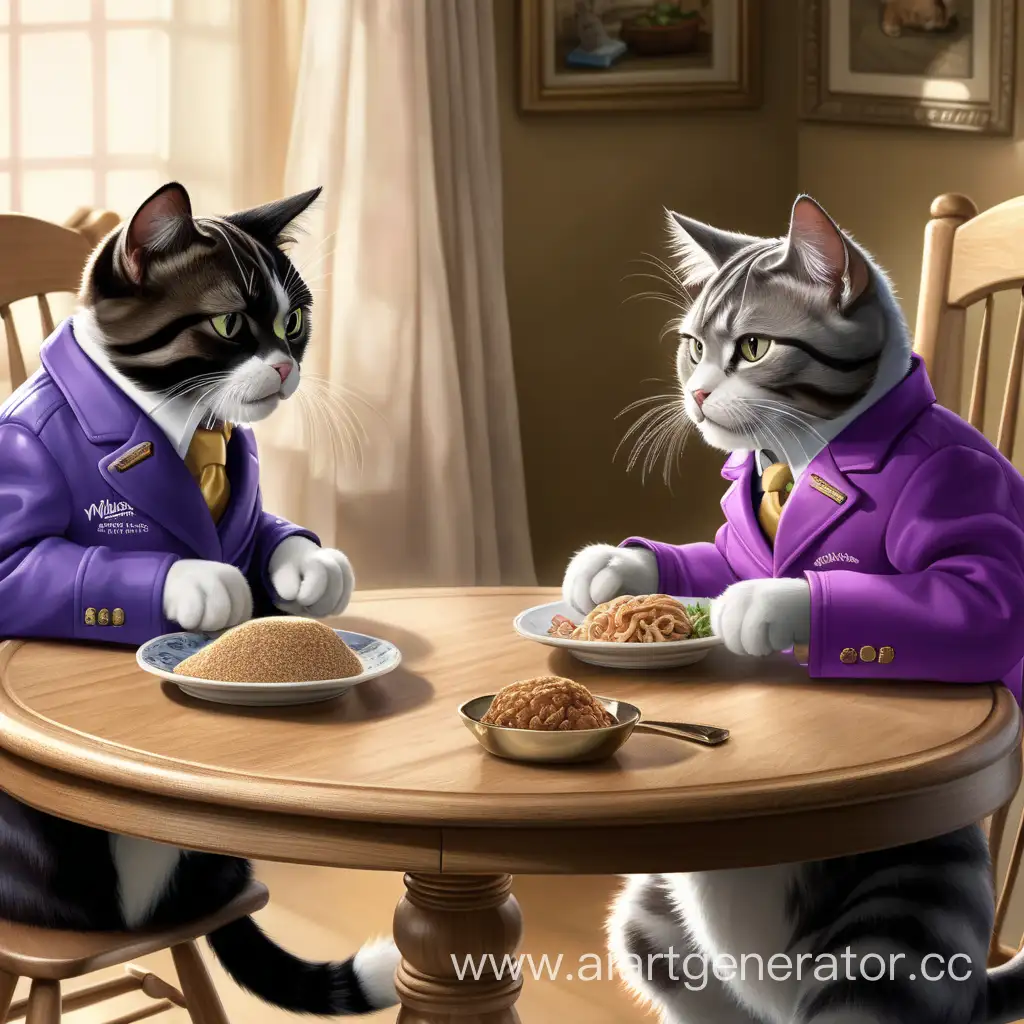 Коты обсуждают какой вискас лучше есть за столом и в пиджаке