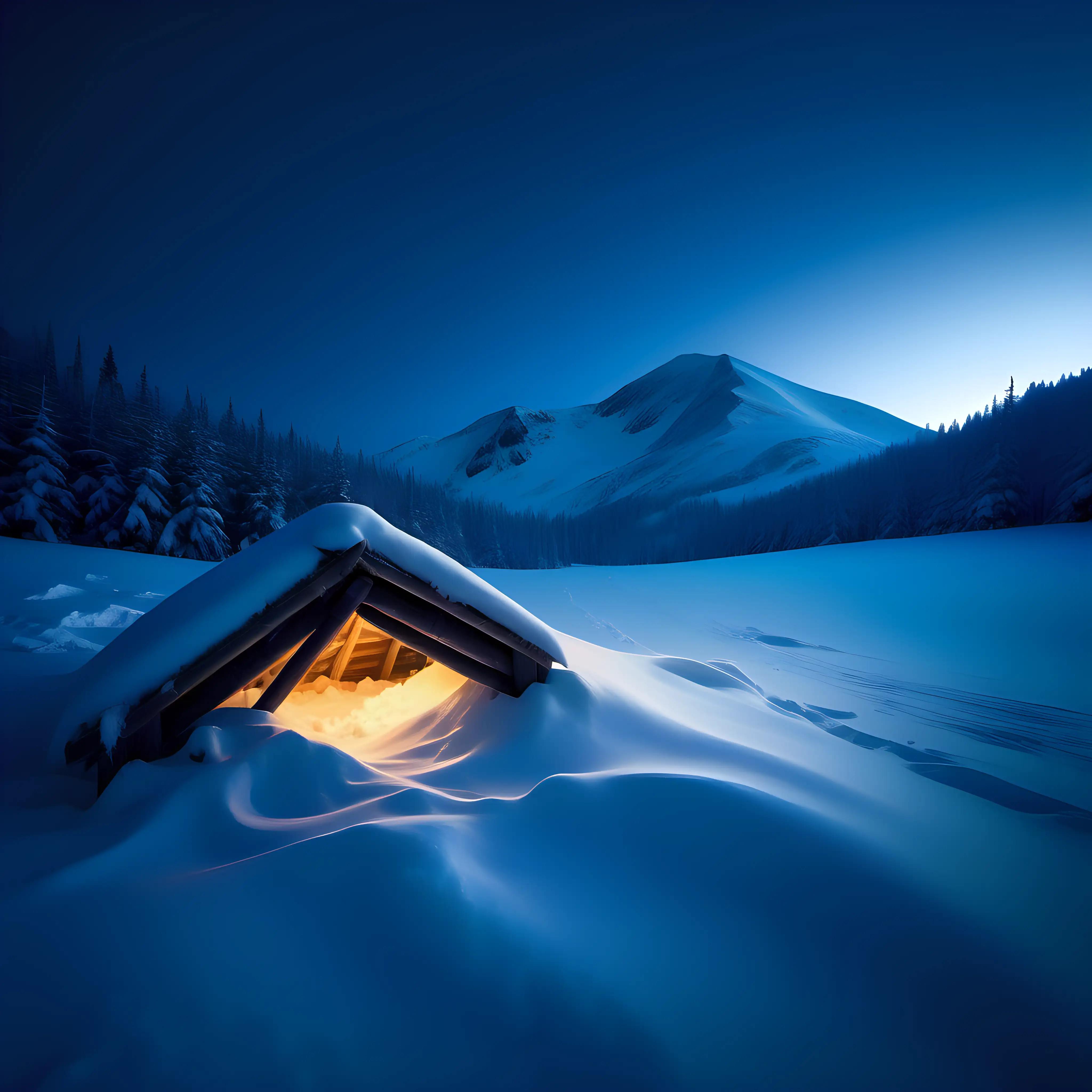 create a windy snowy peak, snow all over, messy snow from a snow shelter digged out, ambient blue hour light