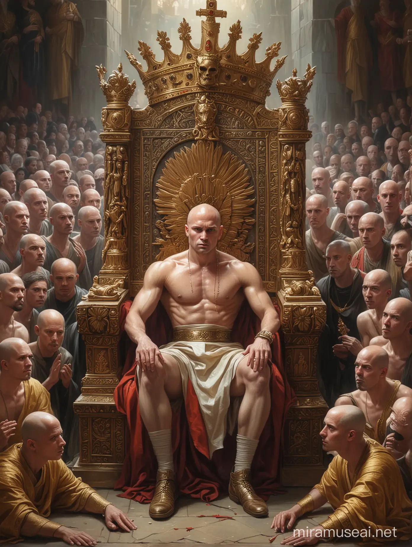 a bald-headed king, looks like a dick. sitting on the throne. surrounded by people who were worshiping him