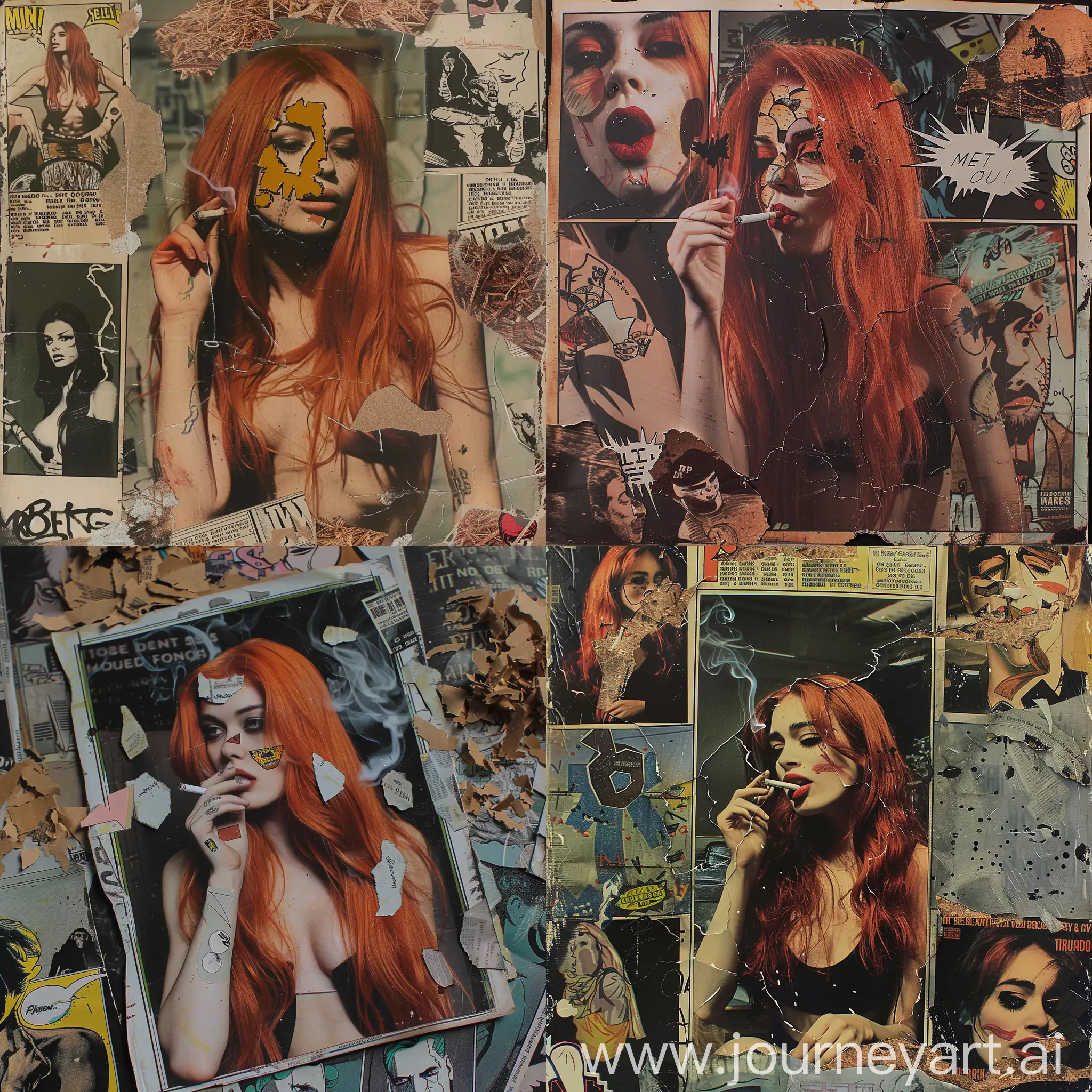 a photo with several pasted cuts of a red-haired woman with long hair smoking a cigarette, comic book, shredded paper, noise