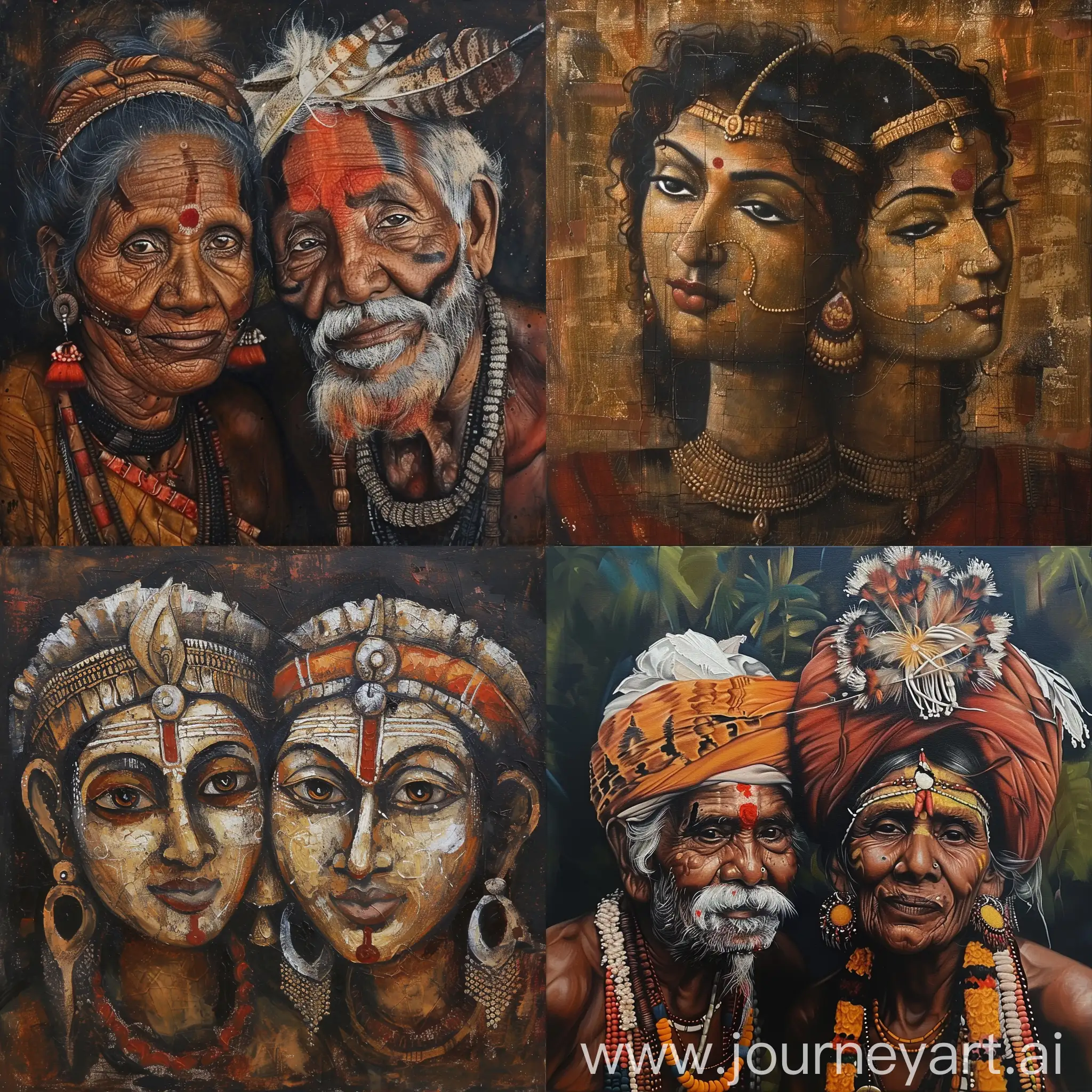 Face of an ancient kasaragodan couple tribes in the form of painting, they are lovable, olden painting style