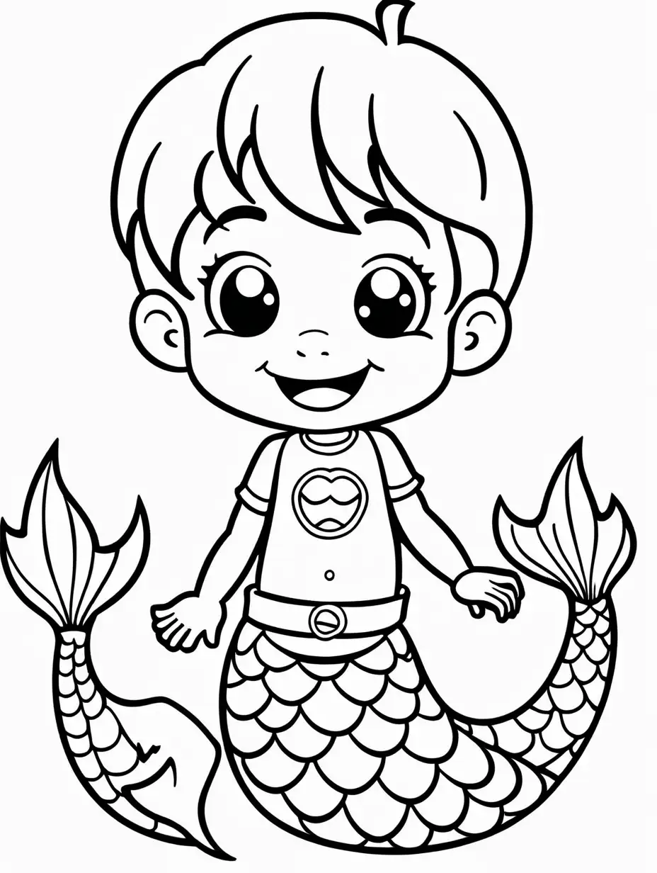 Very easy coloring page for 3 years old toddler. Smile Mermaid Boy. Without shadows. Thick black outline, without colors and big details. White background.