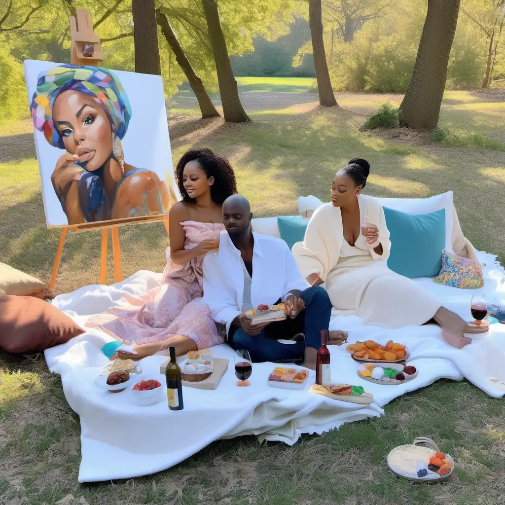 A realistic, chic, intimate sip & paint picnic setting for a group of three African american people, featuring a plush throw blanket spread elegantly on the ground,  six colorful coordinating throw pillows arranged on the blanket, three standing easels with blank canvases, a well-presented bottle of wine and a tray adorned with delectable finger foods. 