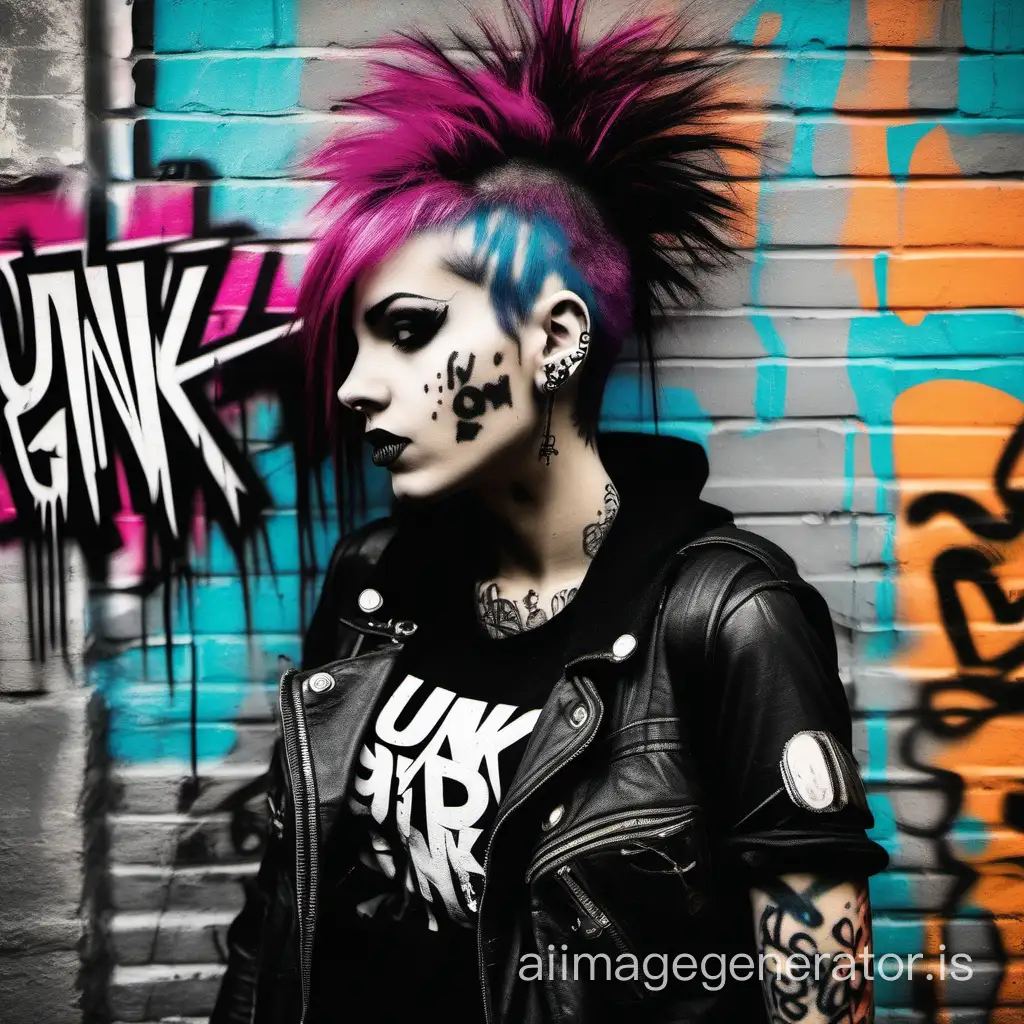 punk girl and colorful graffiti wall