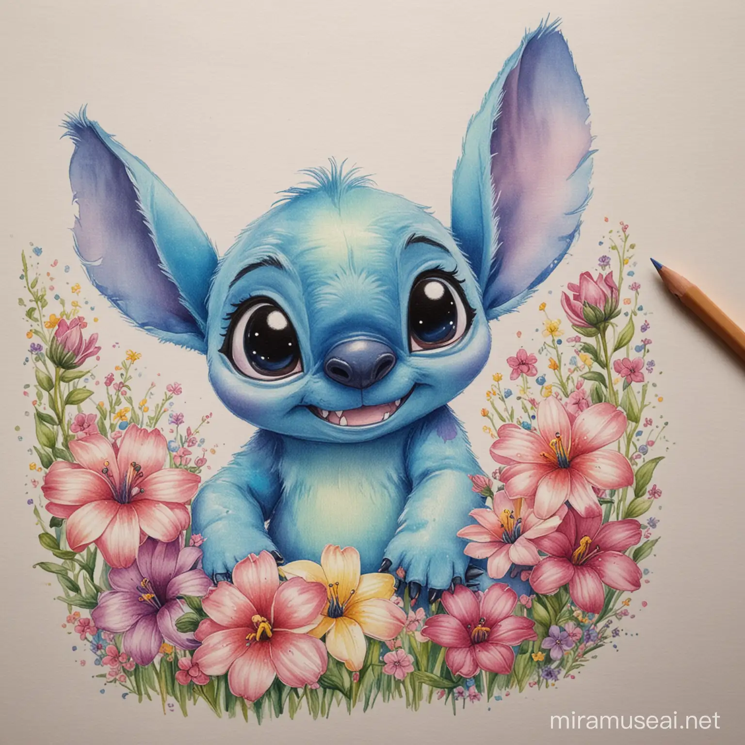 Baby Stitch and Mother Surrounded by Flowers