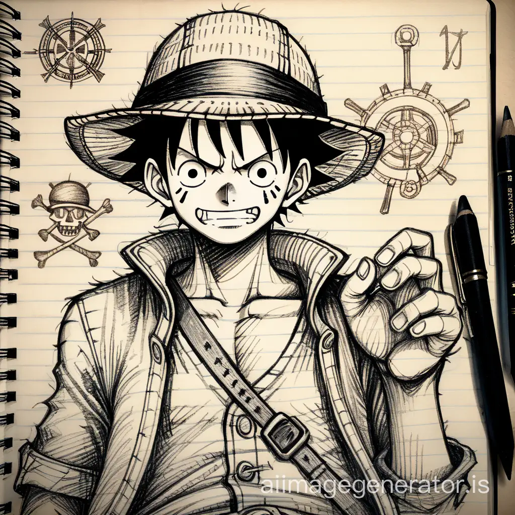 Sketchbook Style, Sketch book, hand drawn, dark, gritty, realistic sketch, Rough sketch, mix of bold dark lines and loose lines, bold lines, on paper, turnaround character sheet, anime pirate Monkey D. Luffy, full body, arcane symbols, runes, dark theme, Perfect composition golden ratio, masterpiece, best quality, 4k, sharp focus. Better hand, perfect anatomy.