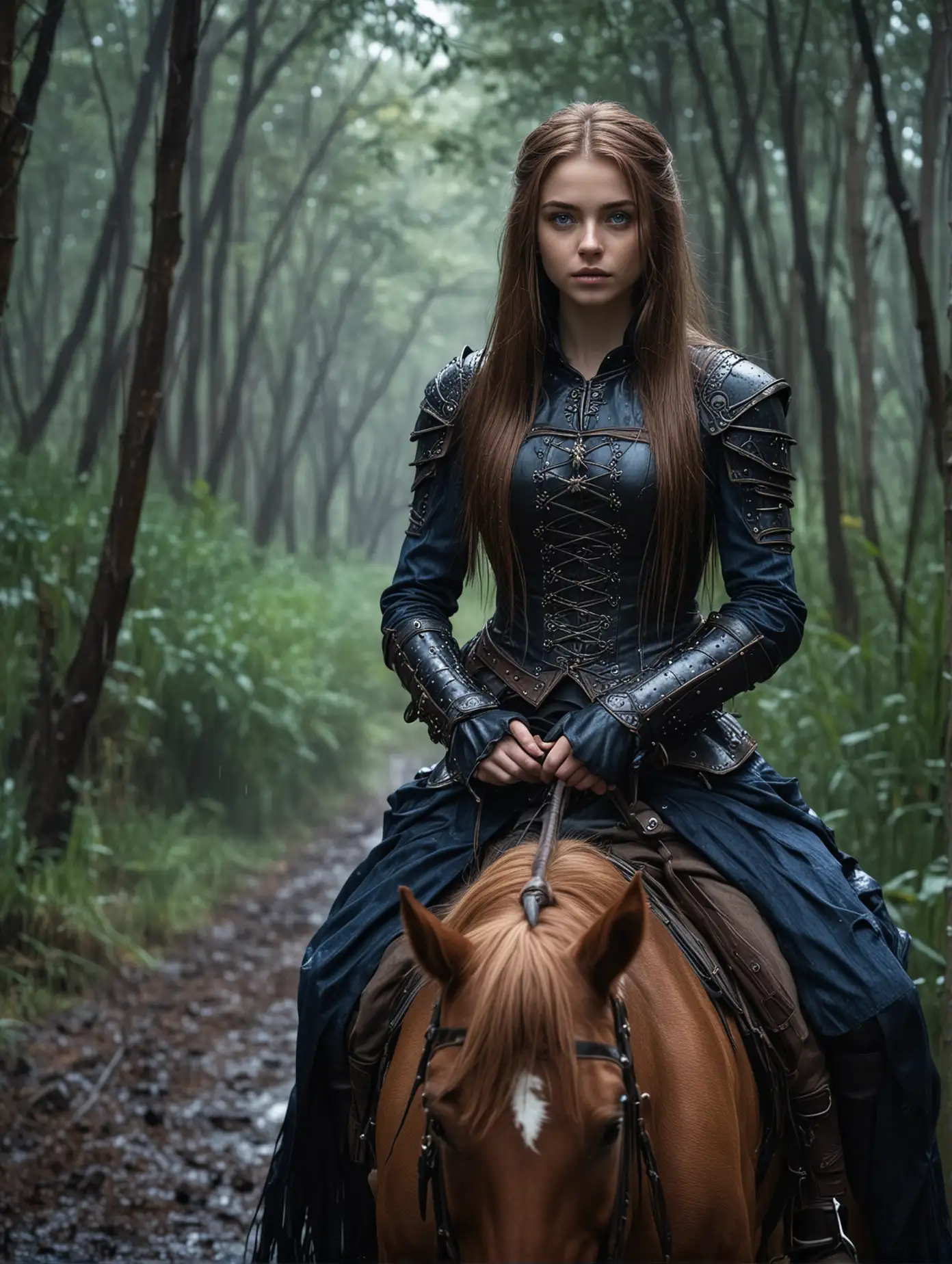Gothic Warrioress Galloping in a Rainy Dense Forest