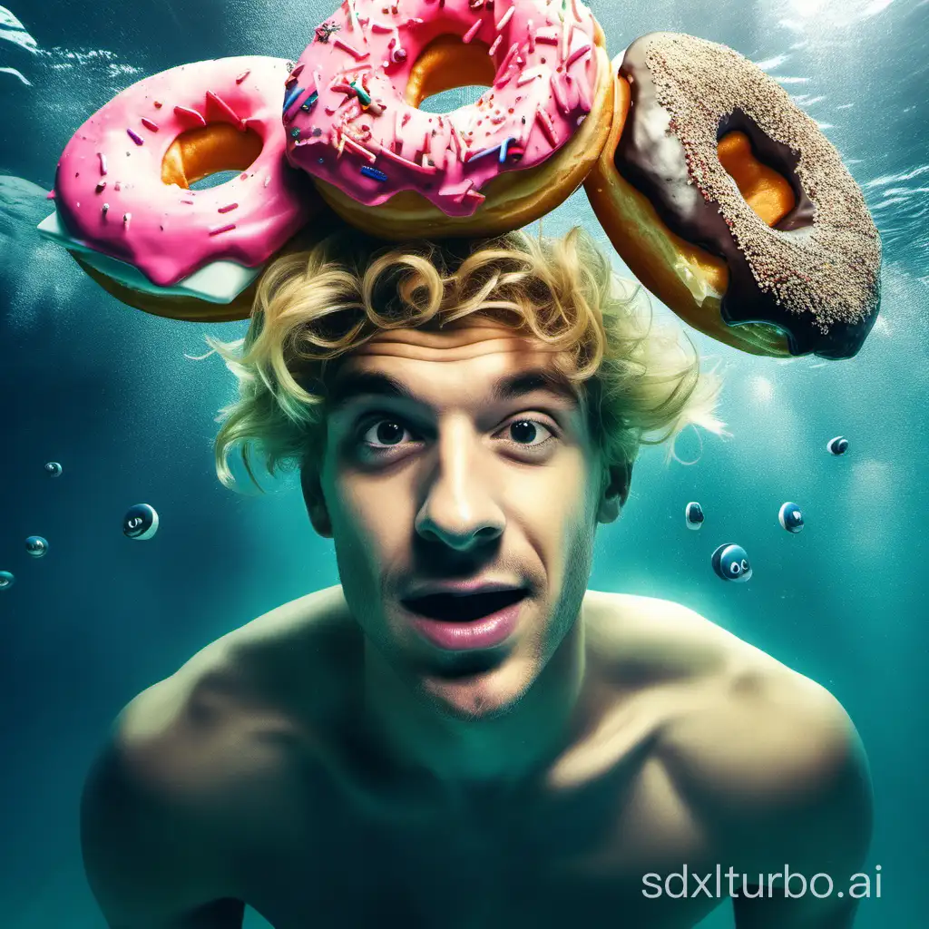 Golden haired, male, young, with three donuts on his head, underwater