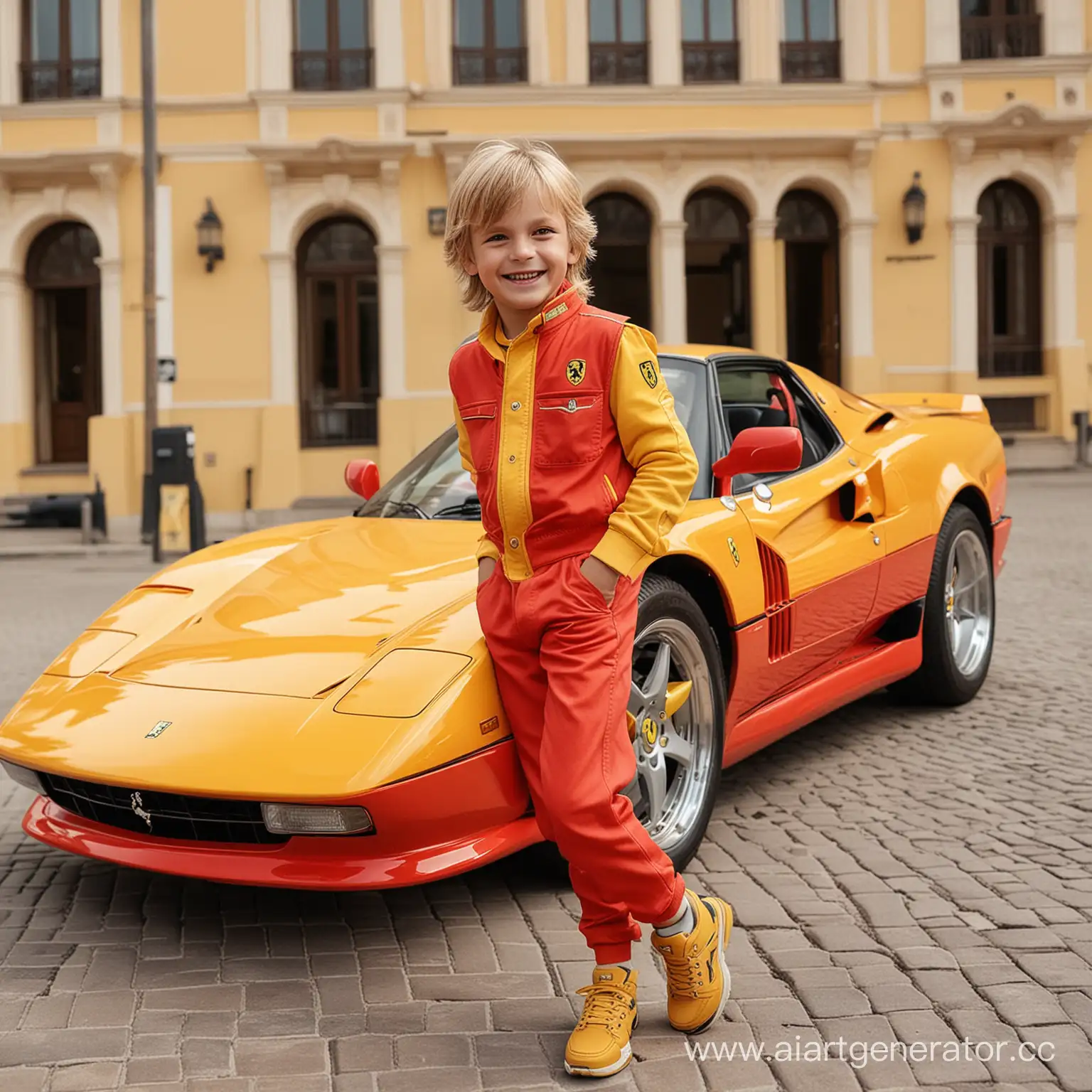 A very happy seven-year-old boy with a beautiful smile on his face. The face is beautiful and sweet. Brown eyes. The blond guy. Long hair on his head in the style of the eighties. Rich. In expensive branded clothes. A full-length photo. It stands against the background of a Ferrari. The Ferrari is bright yellow. There is a several-storey mansion behind the Ferrari.
