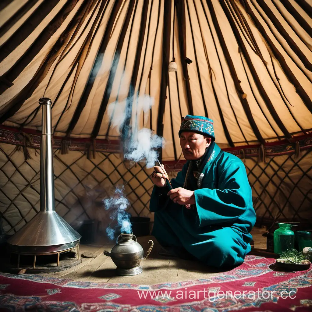 Kazakh-Man-Smoking-Grass-in-Yurt-with-Bong
