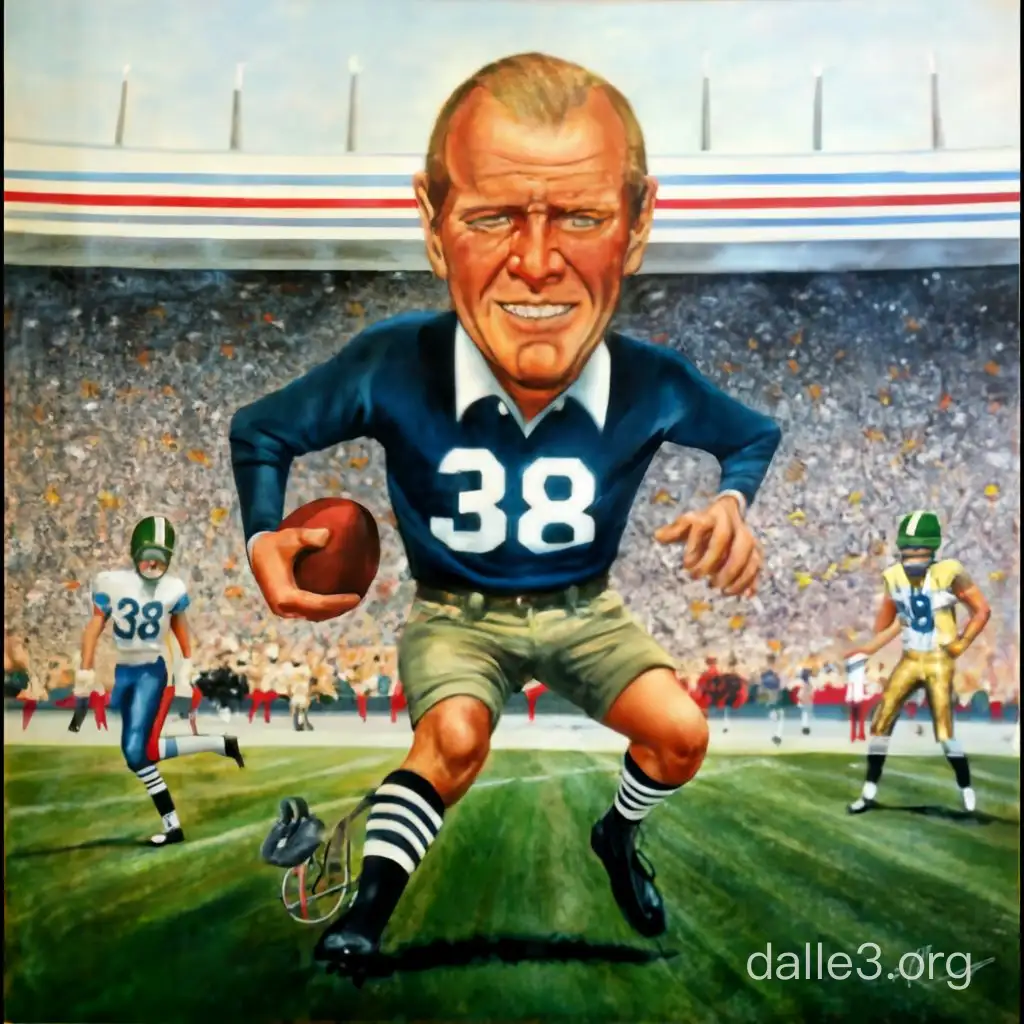 An anime oil painting of president Gerald Ford as a stumbling football player, pardoning Nixon,. The date 1974 should be at the top and the number 38  on his football jersey. It should be bright and fun and funny.