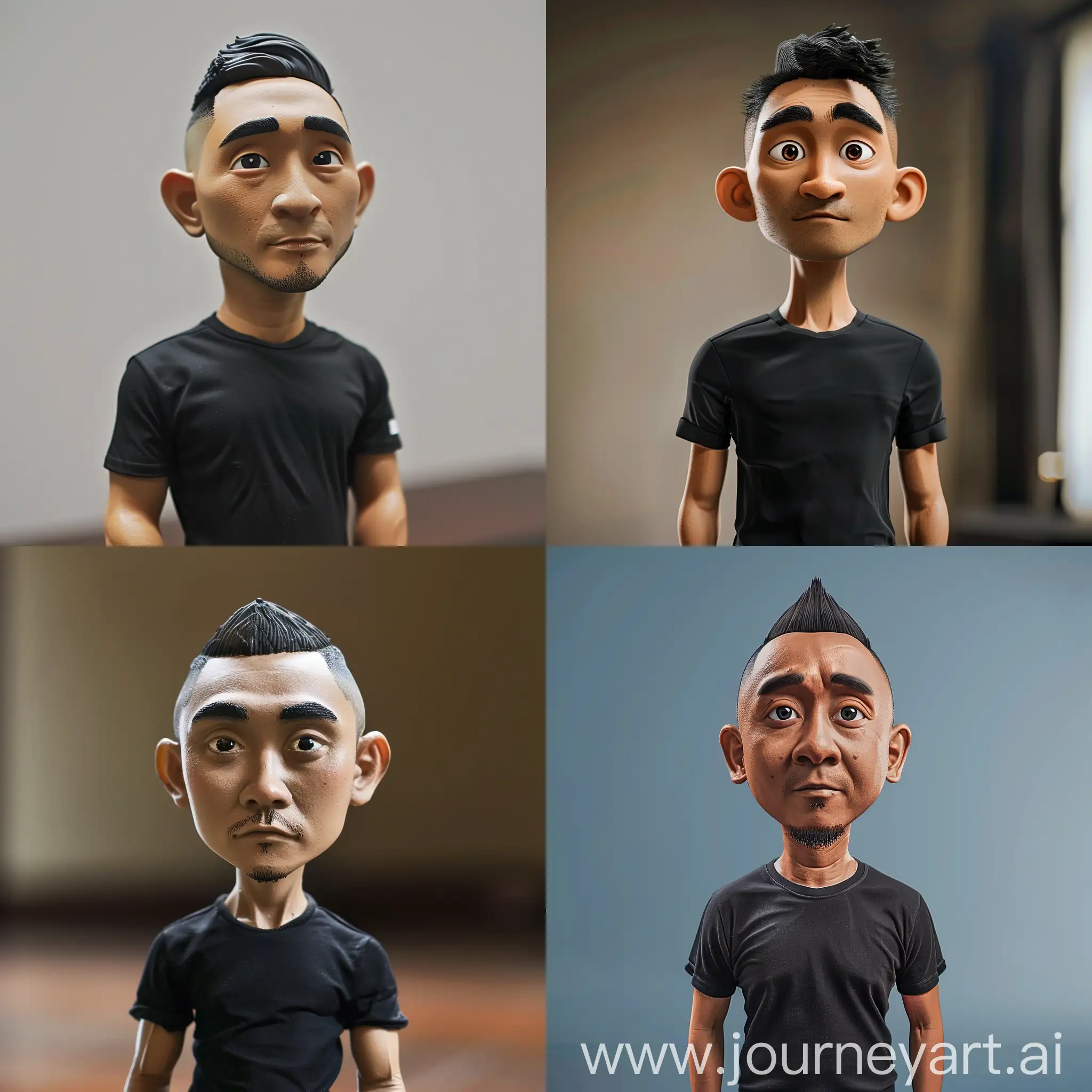 An Indonesian man wearings black t-shirt, buzz cut hair standing up , miniature, pixar character, caricature, realistic