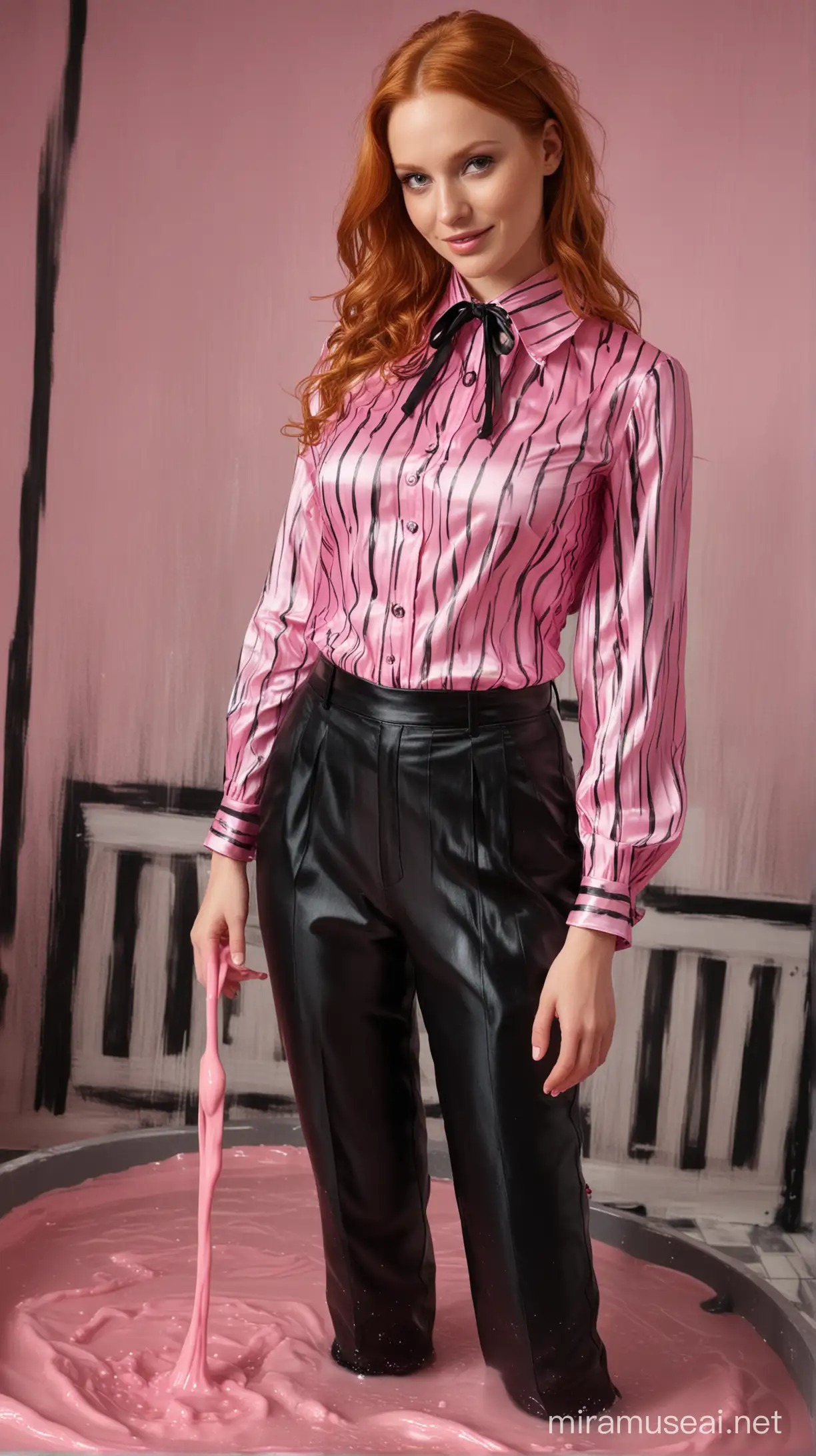 Realistic colourful scene female ample breasts beatefull face nice smile as elegant long ginger hair in shinig wet satin blouses black and pink stripes whit a stiffened collar , wet satin black and pink long pants, great attention to additional elements such as material texture well-lit composition, full body pose stand big slime columne as french maid pours liquid on herself