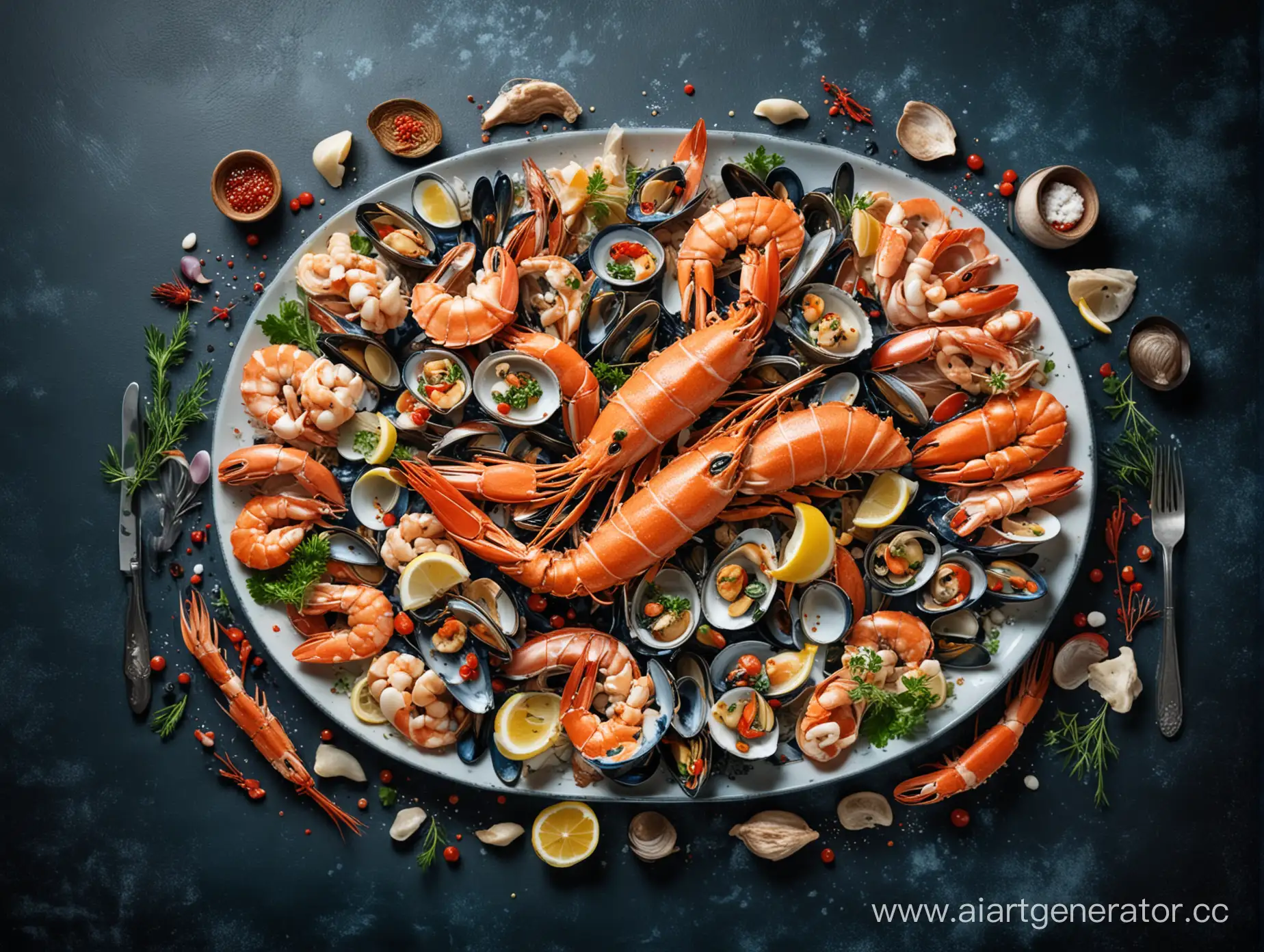 блюда из  морепродуктов на темно-синем фоне