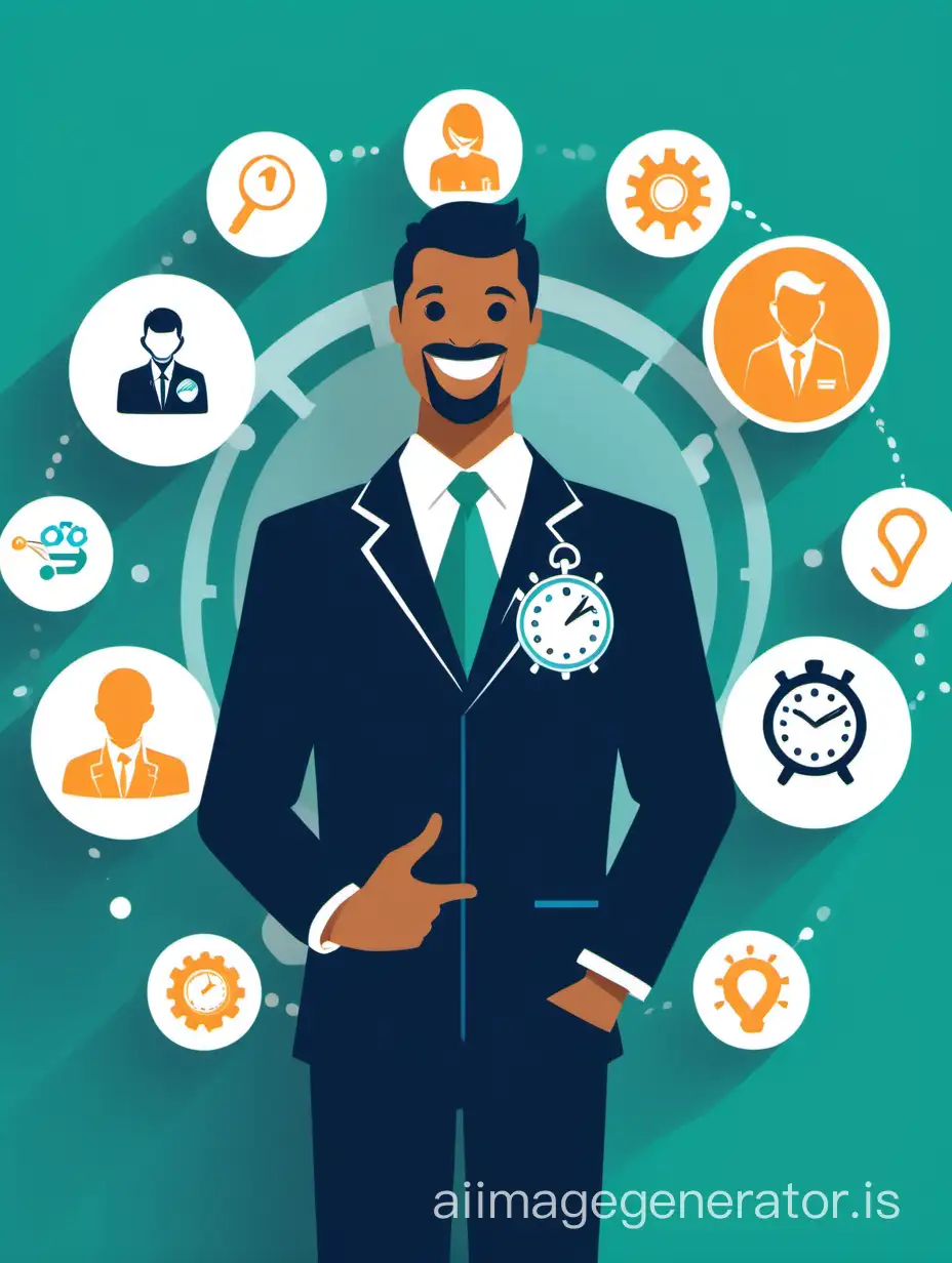 An image showing a smiling and confident gas dealer, with a clock in hand, surrounded by icons representing the tasks automated by the management system. The additional benefits of the management system, such as better customer service, increased productivity, better decisions, and higher profitability.