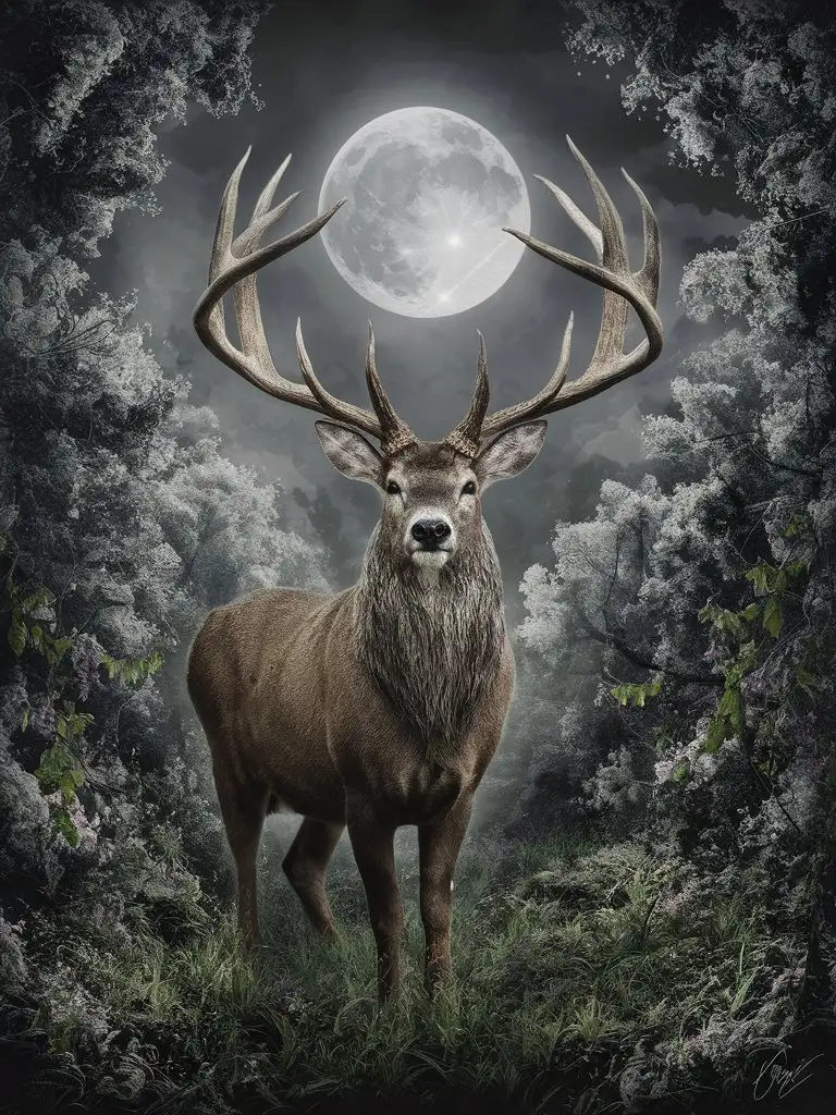 a buck with long antlers , in a blooming forest , with a full moon behind. an aura of hope and spiritual growth, illuminating the path