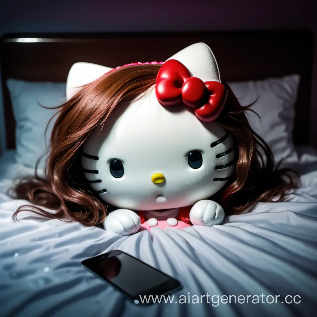 Heartbroken-Hello-Kitty-with-Long-Chestnut-Hair-on-Nighttime-Bed