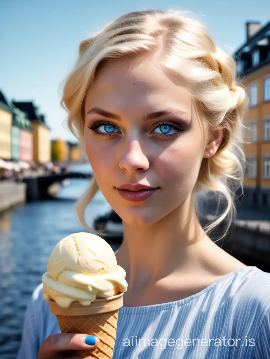 more realistic, beautiful 20s Swedish prosperous woman blonde blue eyes (not to much blue, but realistic) holding a big ice cream sunny weather in Sweden
