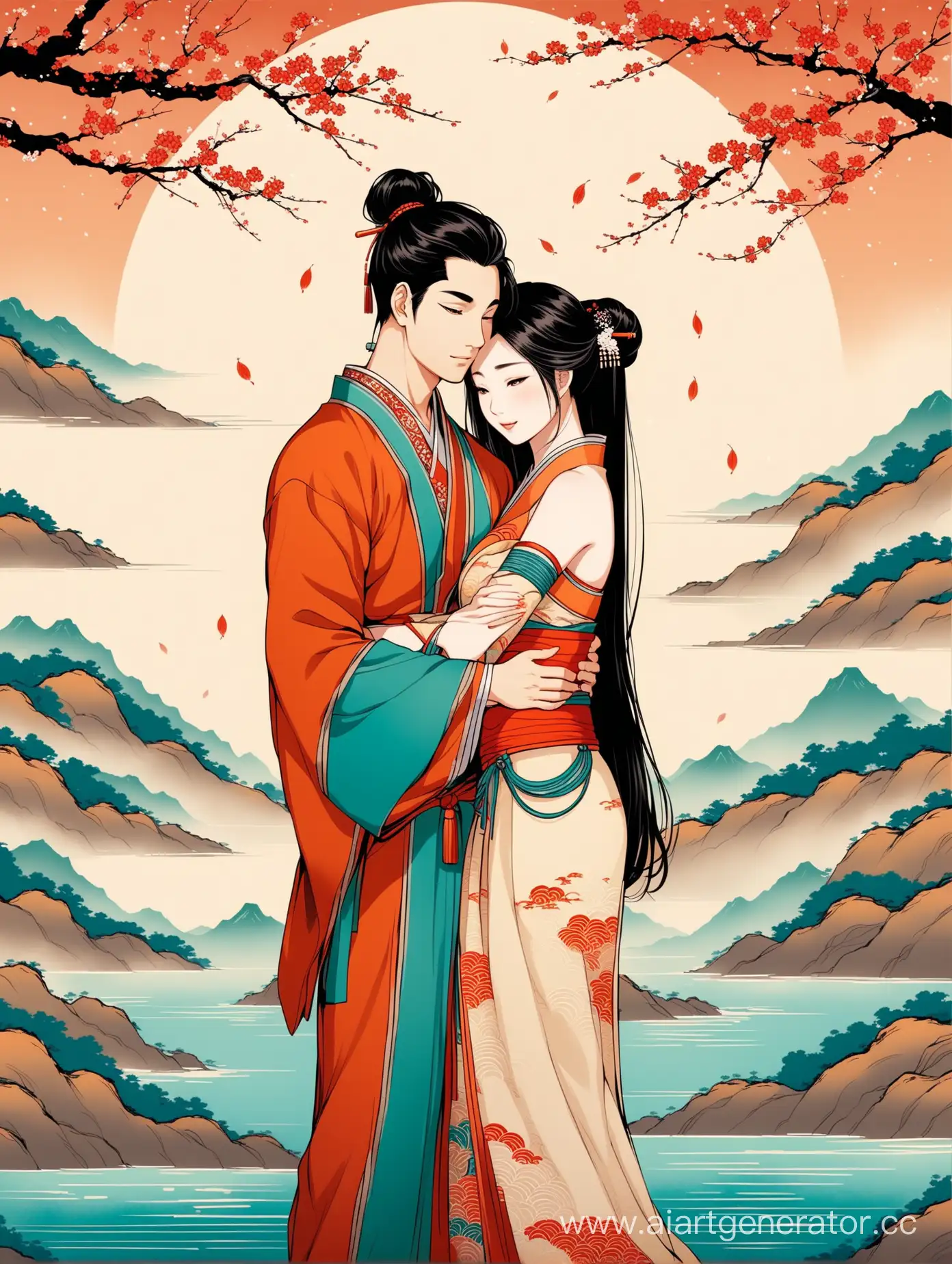 Asian-Couple-Embracing-in-Traditional-Painting-Style