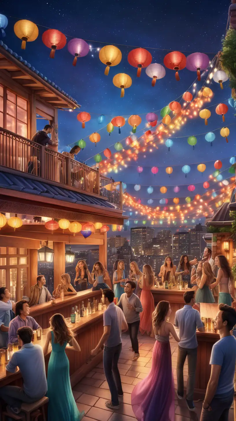 A bustling rooftop bar filled with friends dancing under colorful lanterns, music throbbing through the air