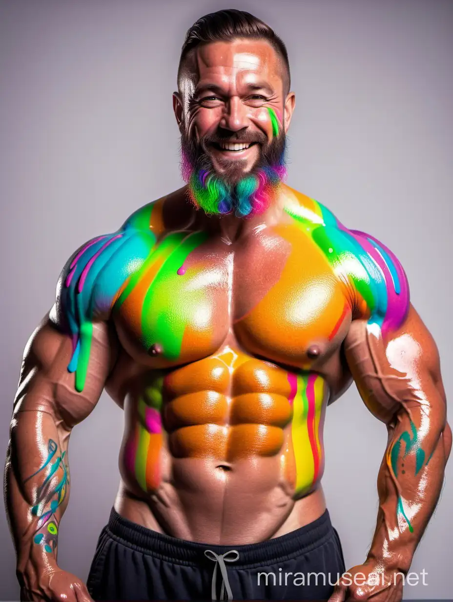 Topless 40s Ultra Beefy Happy Bodybuilder Beard Daddy Glow in the Dark Highlighter Multi BRIGHT Coloured Ink Paint Pouring all over his body and Flexing his Big Strong Arm