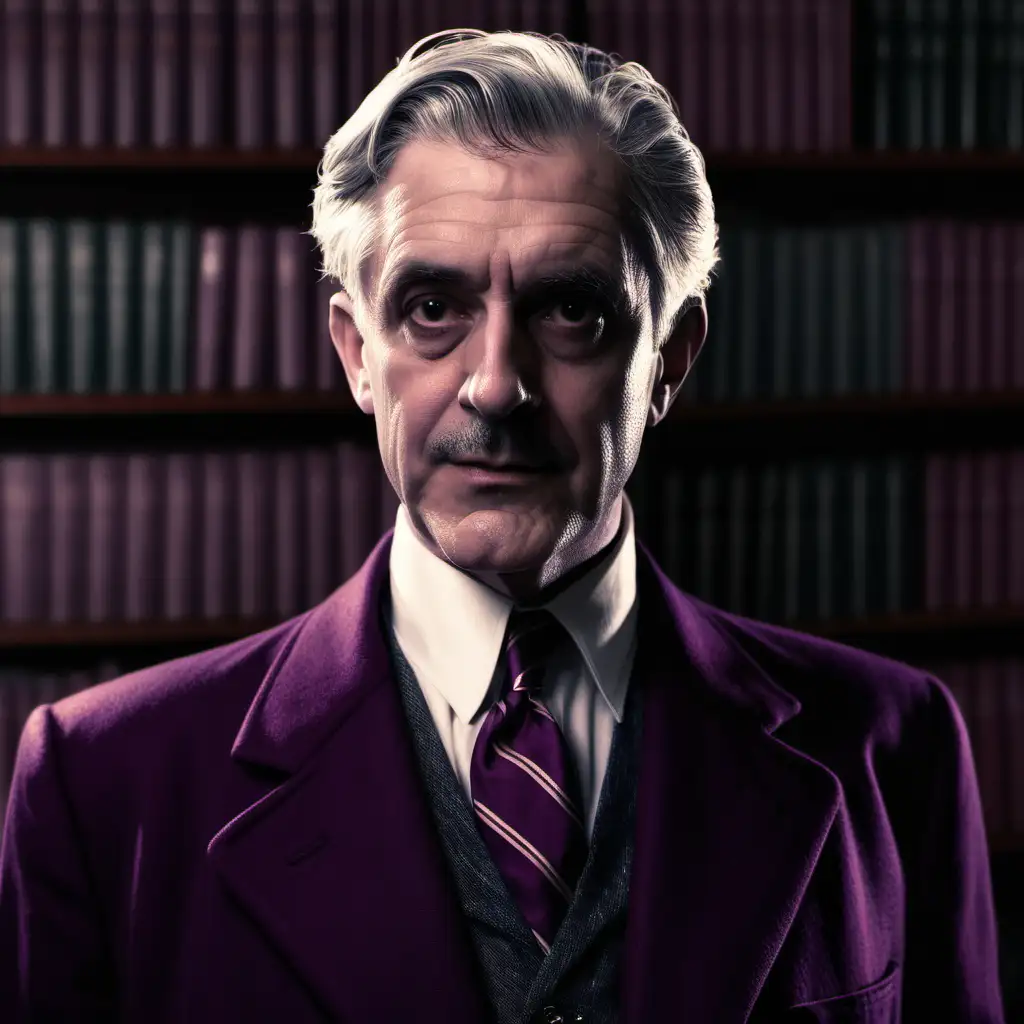 Professor male 1940's grey hair in plum jacket and tie in dark library