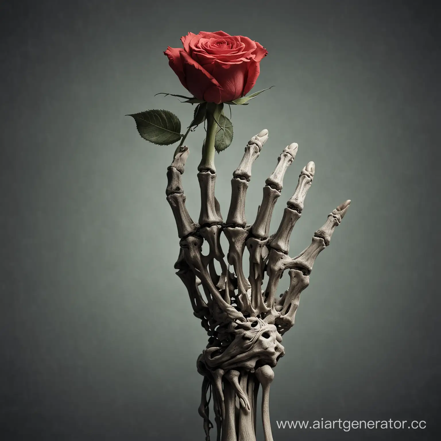 
The skeleton's hand holds a rose