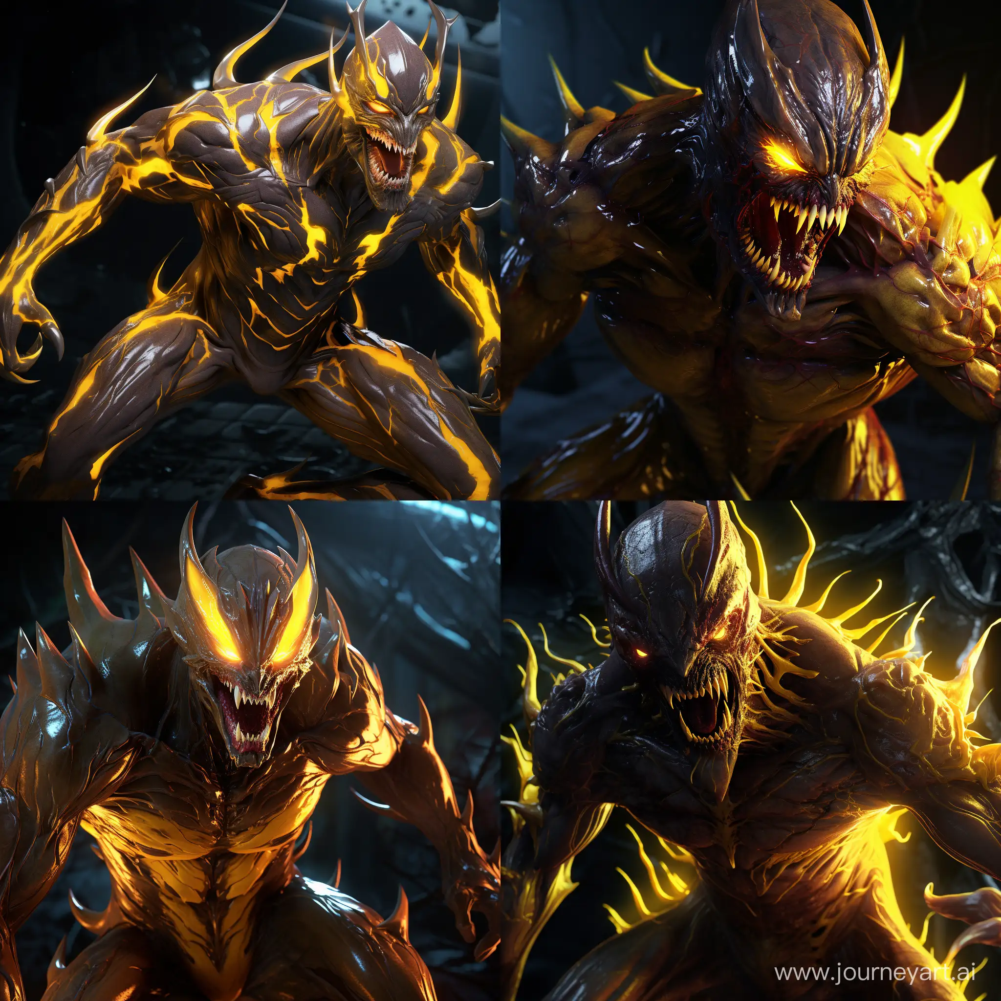 Venomized marvel’s Wolverine unhinged and psychotic, yellow glowing eyes, raised veins pulsating and emitting a yellow glow through his yellow suit, his claws are out, deranged, full body cinematic action shot, 70mm, well designed, 2.5D, ambient occlusion, color grading, 16k