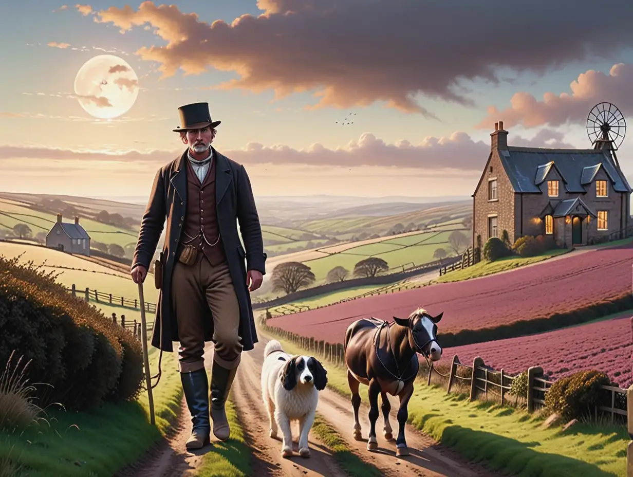 A Victorian Romanticism gothic farmer on the moors visiting his tenants living on his land 