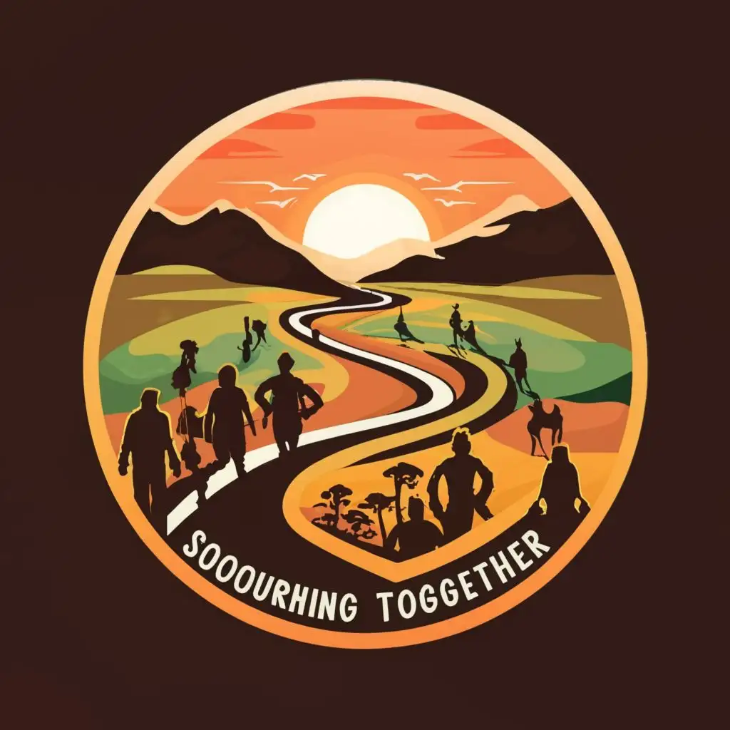 a logo design, with the text 'Sojourning Together', main symbol: Winding Road with sunset and people walking together, complex, clear background. Add green grass and trees on the sides of the path