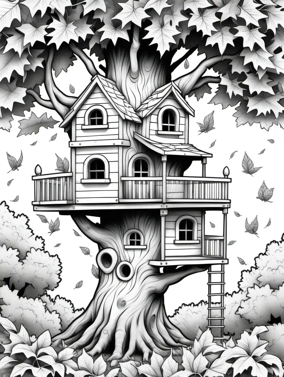 Charming French Style Oak Tree House Coloring Page with Elm Leaves