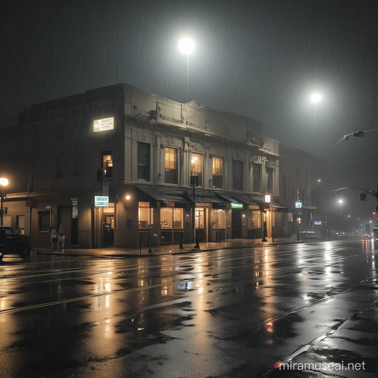 Urban Night Scene Club Building in Rainy Weather