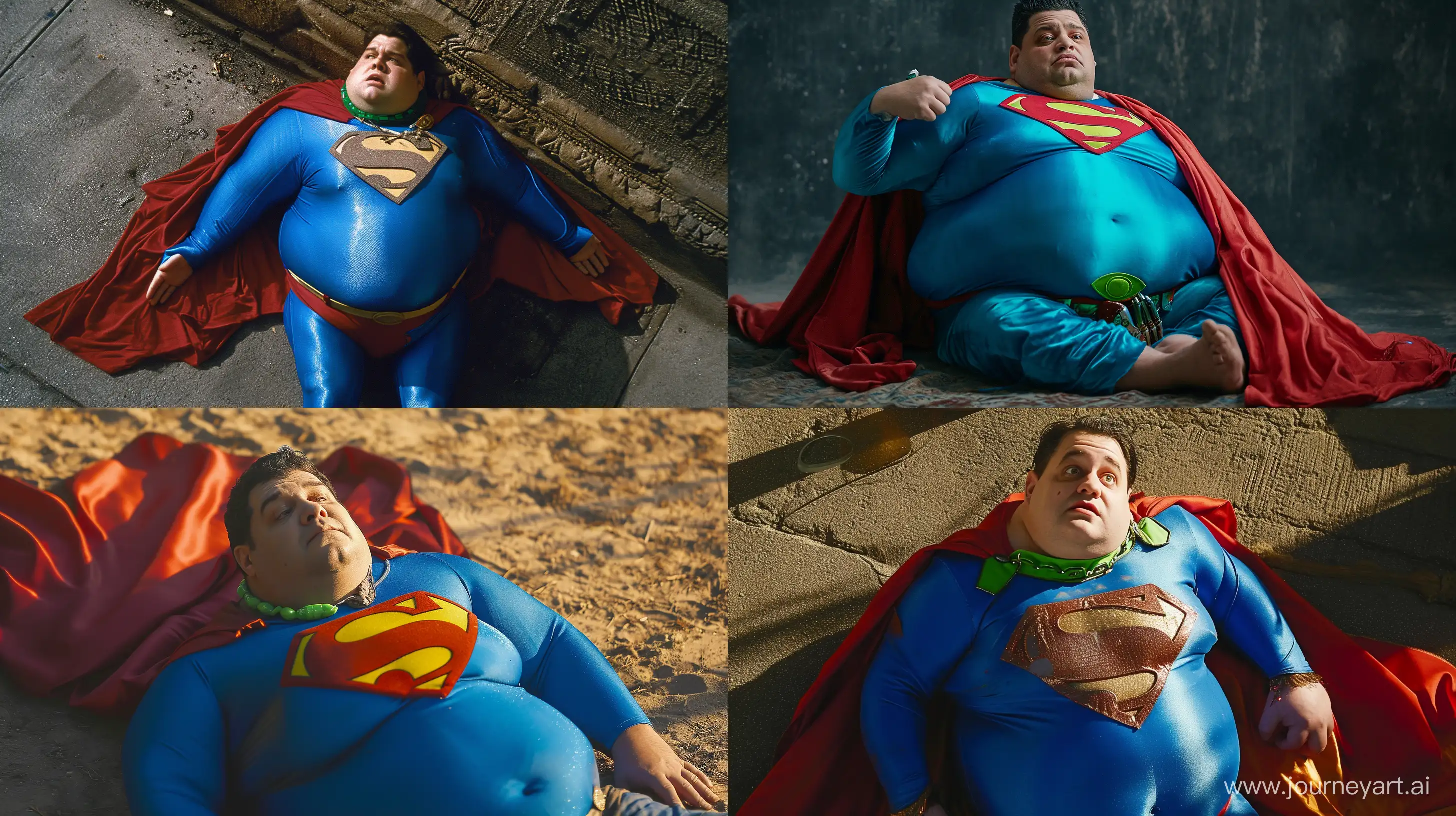 Photo of a chubby man. He is wearing a slightly shiny bright blue superman costume with a big red cape. He is lying on the ground. He wears a bright green necklace. --ar 16:9 --v 6