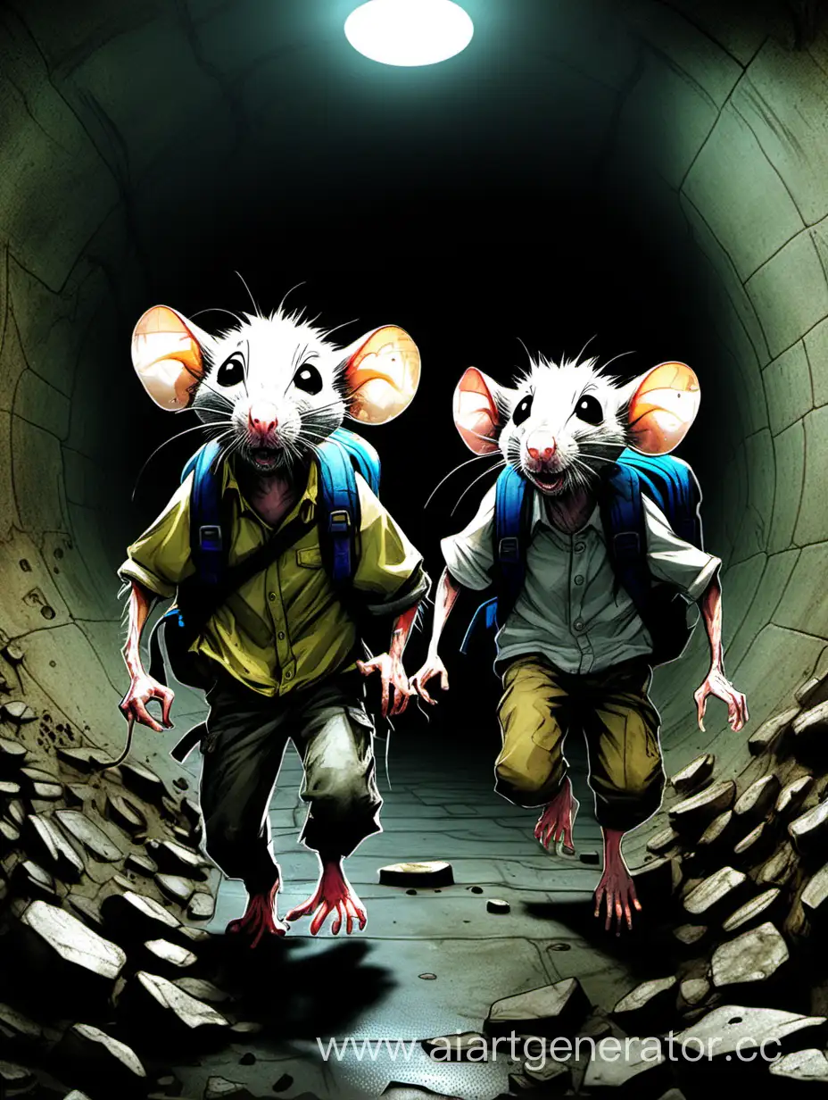 Две потрёпанные крысы с рюкзаками на спине бегут на четырёх лапах внутри тёмной трубы канализации