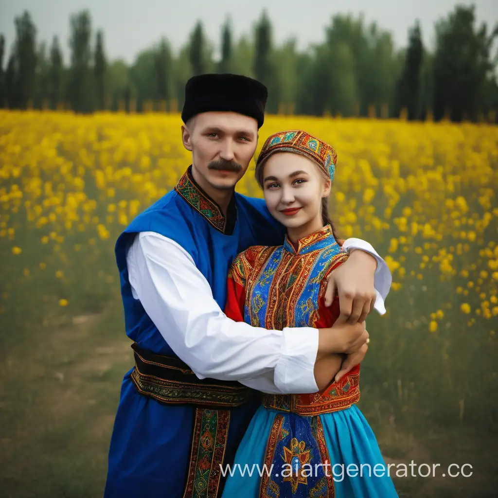 Cultural-Fusion-Kazakh-Girl-and-Ukrainian-Guy-Embracing-in-Traditional-Attire