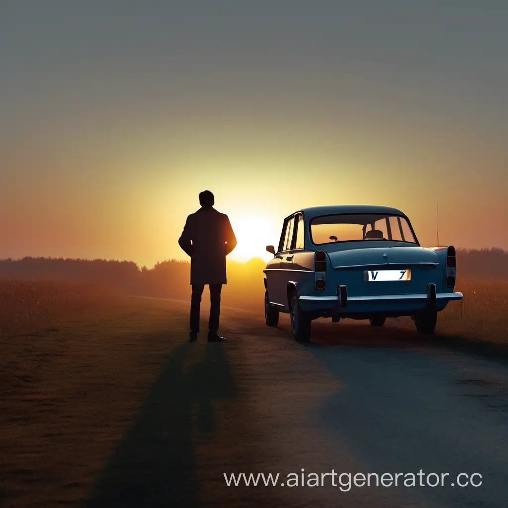 Solitary-Man-with-Vintage-Car-and-Coffee-at-Sunrise
