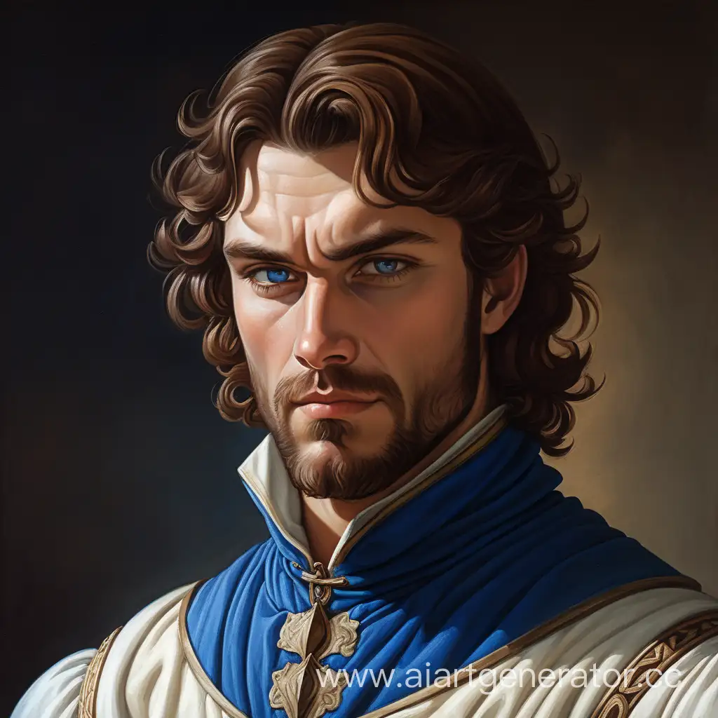 Средневековье мужчина короткая борода сильный тёмно-каштановые волосы  синяя одежда белая одежда портрет