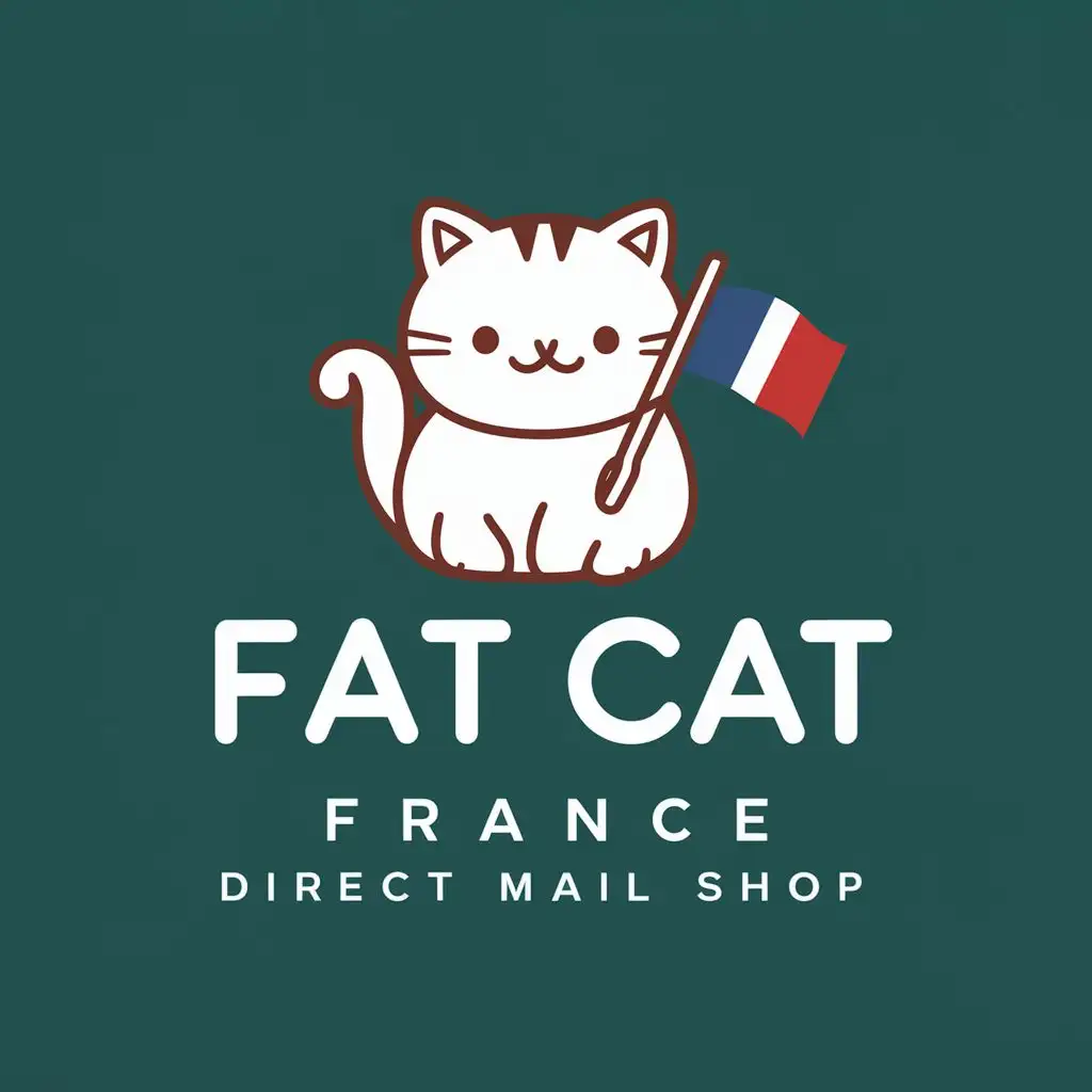 logo, The cute little cat with a French flag, with the text "Fat Cat France Direct Mail Shop", typography