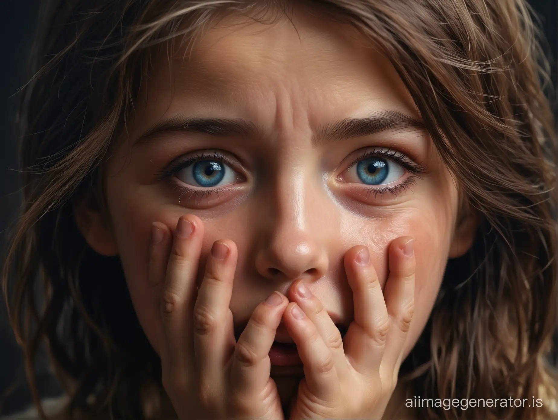 A little girl frightened by war, Big face，Covering my eyes with my hands，Big tears flowed from the corners of my eyes，Eyes full of fear，Fear，((cry)),((frightened))，panic，helpless，((Dirty face))，((Very dirty))，((exhausted)),((Sleepy)),Large close-up of the face，blue eyes，Renoir，Dynamic lights，art station，poster，Three-dimensional backlight，Very rich facial details.Dull eyes，The background is full of smoke and fire，8k。Brown-black background