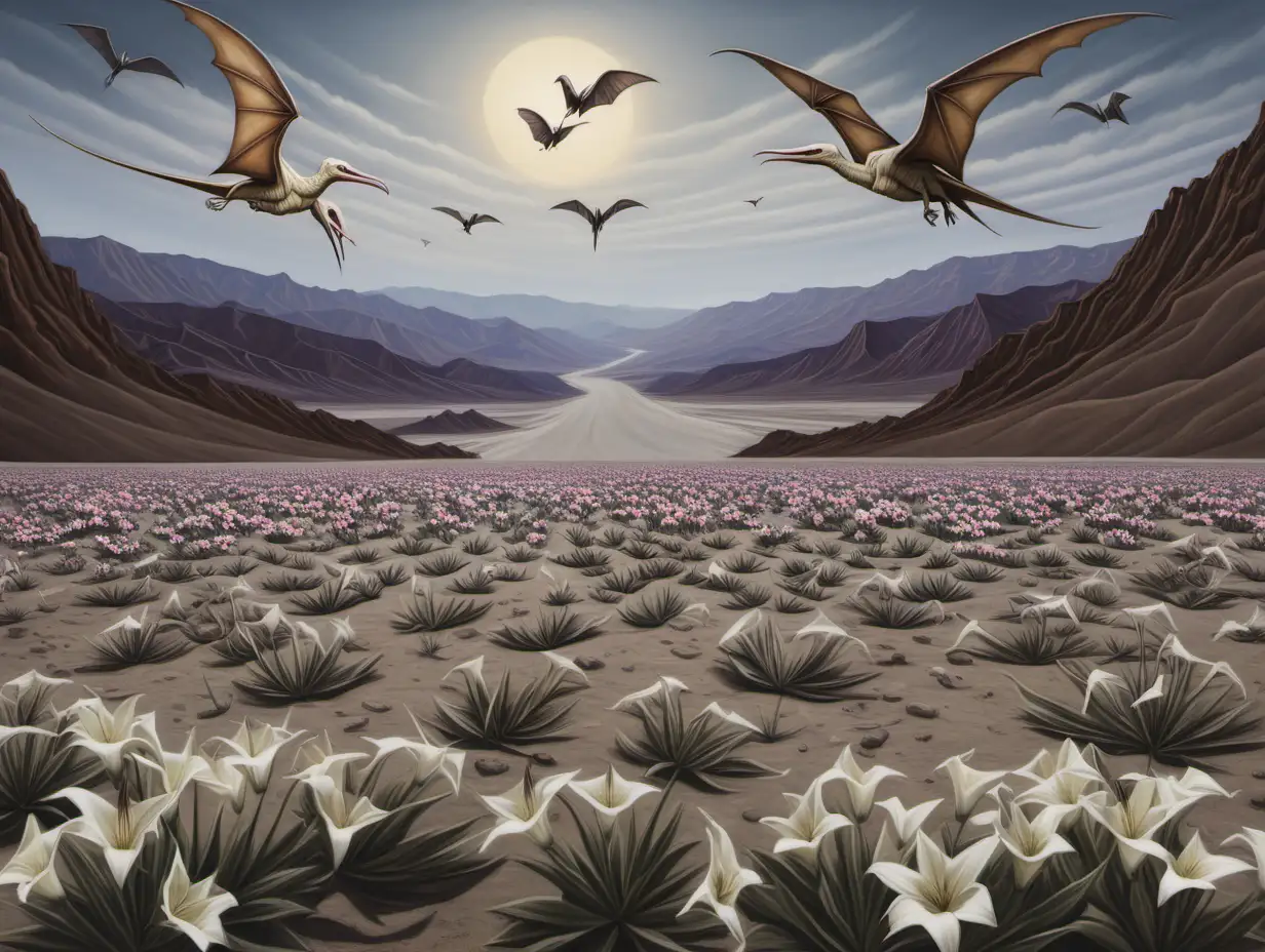 mommoths, pterodactyls, flowers, Death Valley, doves, winter, photorealistic