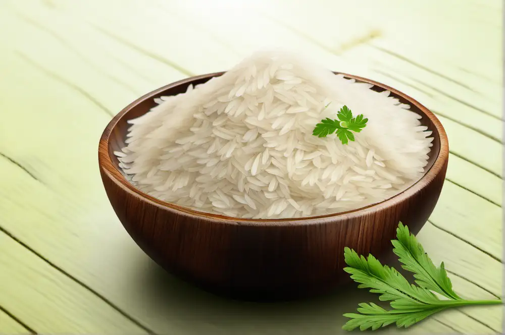 cooked basmati long rice in a wooden bowl with one coriander leaf, hyper-realistic
