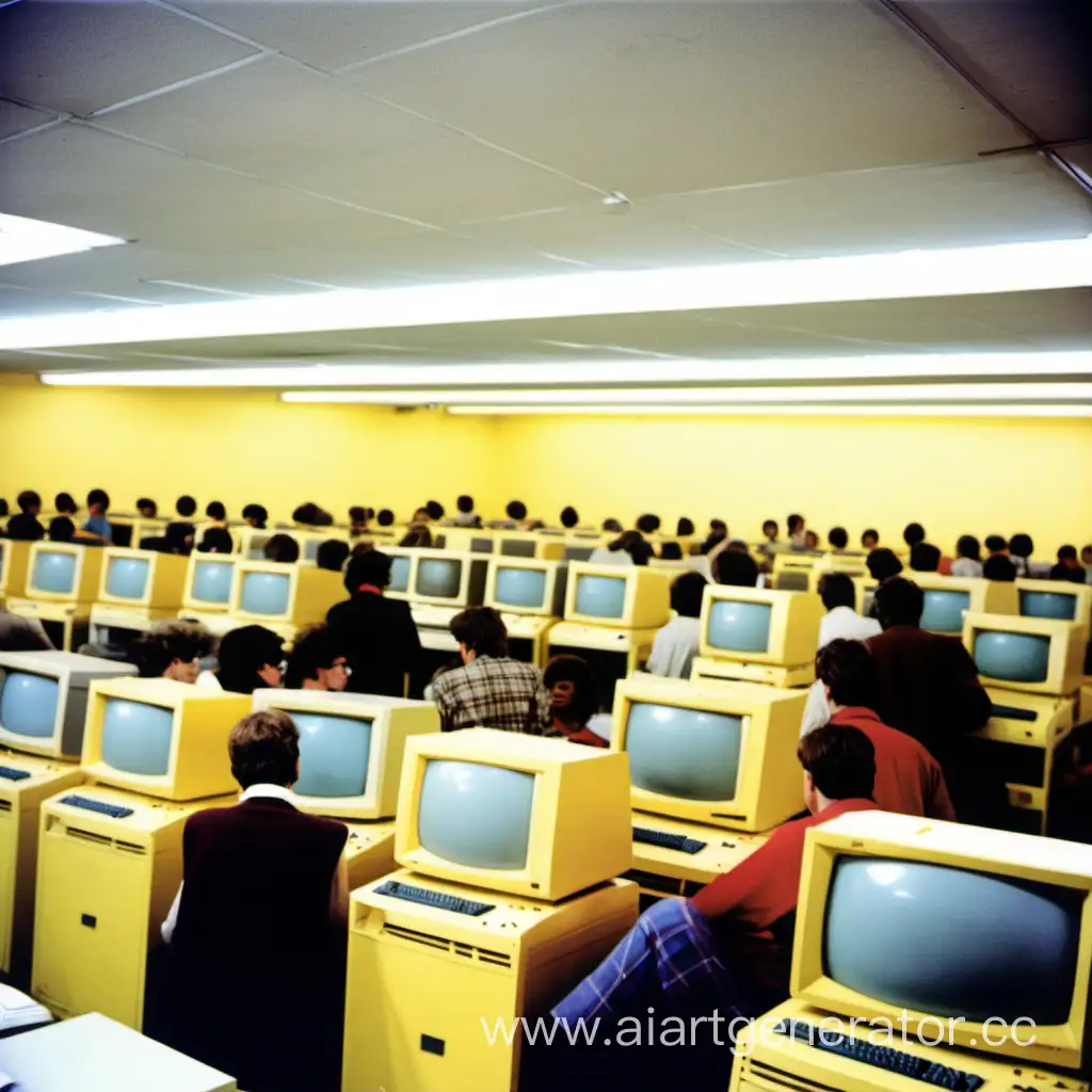 Компютерный клуб где есть старые жолтые агромные компьютеры и много людей 1987