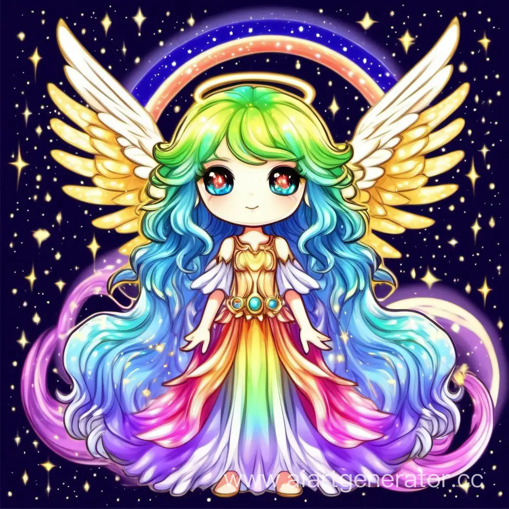 Angel with rainbow-colored hair and bright cosmic wings, princess of the cosmos, chibi, long lavish dress