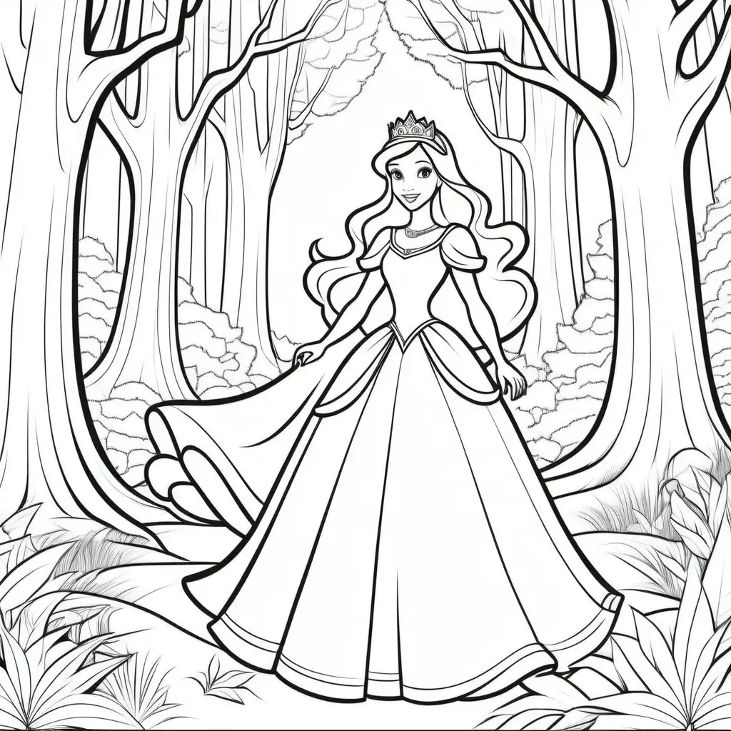 coloring pages for kids 8inch by 11 inch page, princess in front of a forest, cartoon style, thick lines, low detail--no shading--ar9:11
