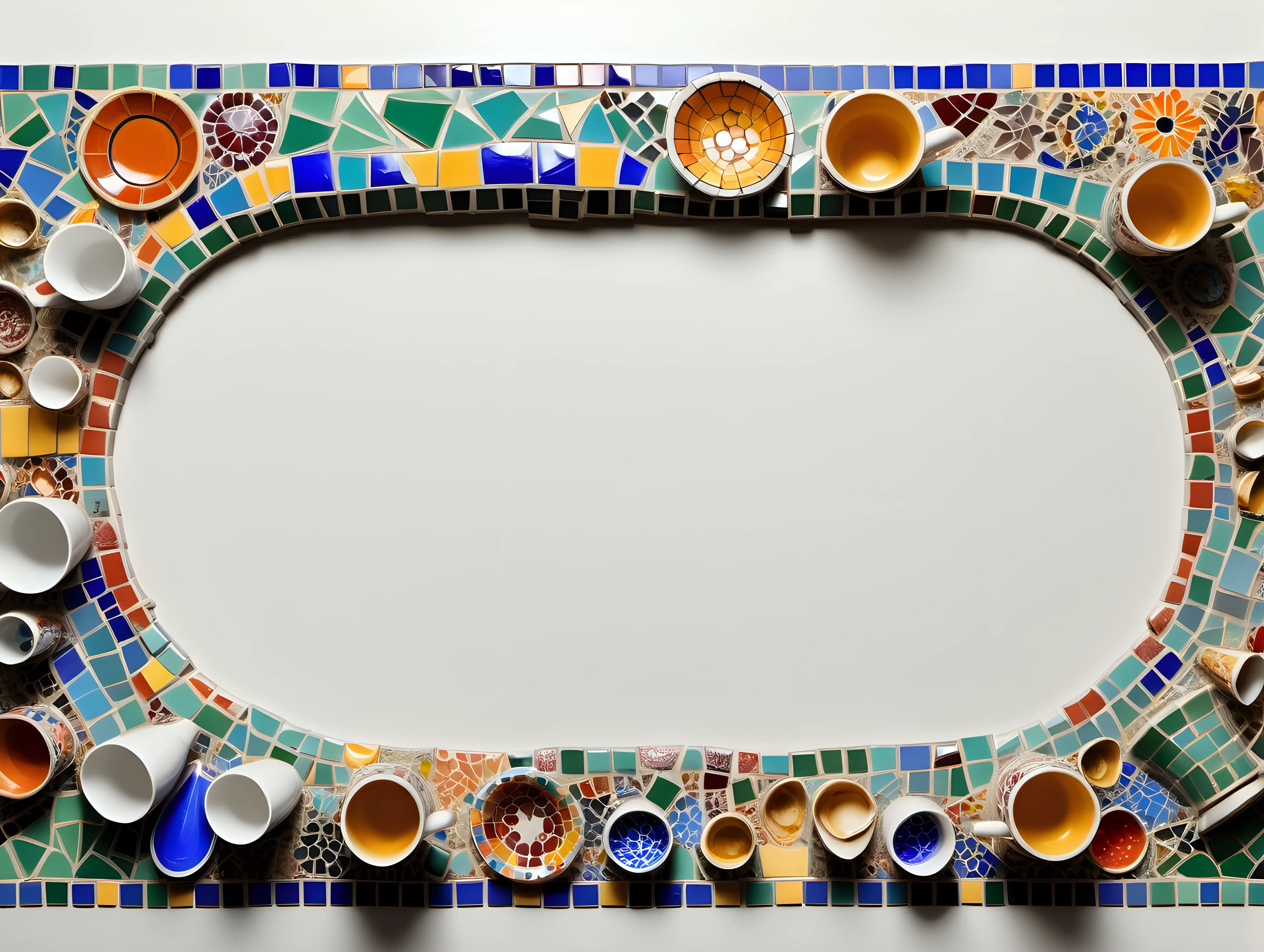 A mosaic border. Very colorful. Lots of details. Many shapes, colors, and sizes of mosaics and mini-figurines. Broken plates and cups. With a blank space with a shadow line in the middle. In the style of Gaudi