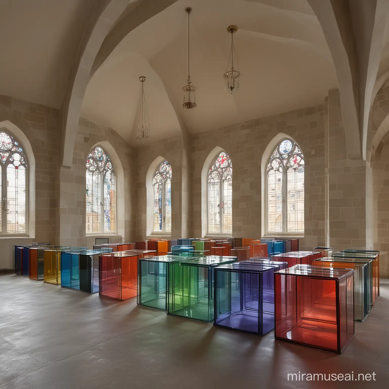 Colord glass office boxes/ unites, in a group, located in a historical church 