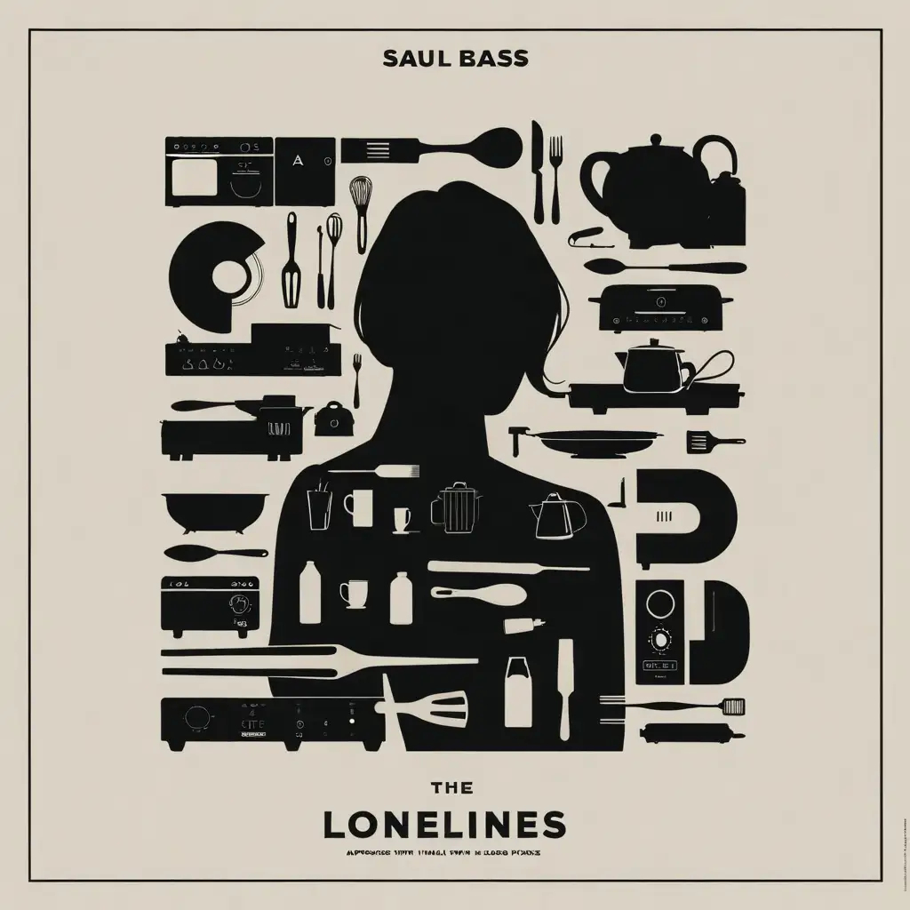 Genera la portada de un single titulado 'Loneliness', en que aparece la silueta de una mujer sola con muchos objetos alrededor simbolizando todas las cosas materiales que poseemos, aparatos, de Saul Bass.