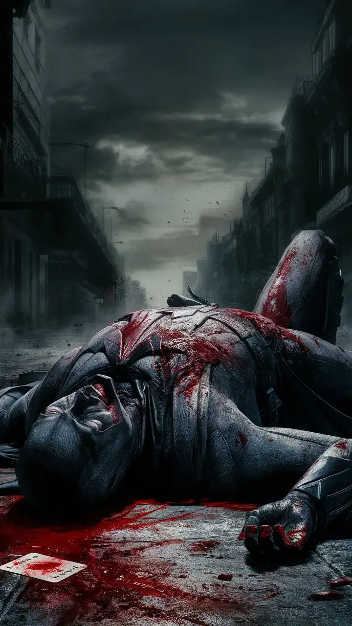 Bloody Batman lying dead on the street 