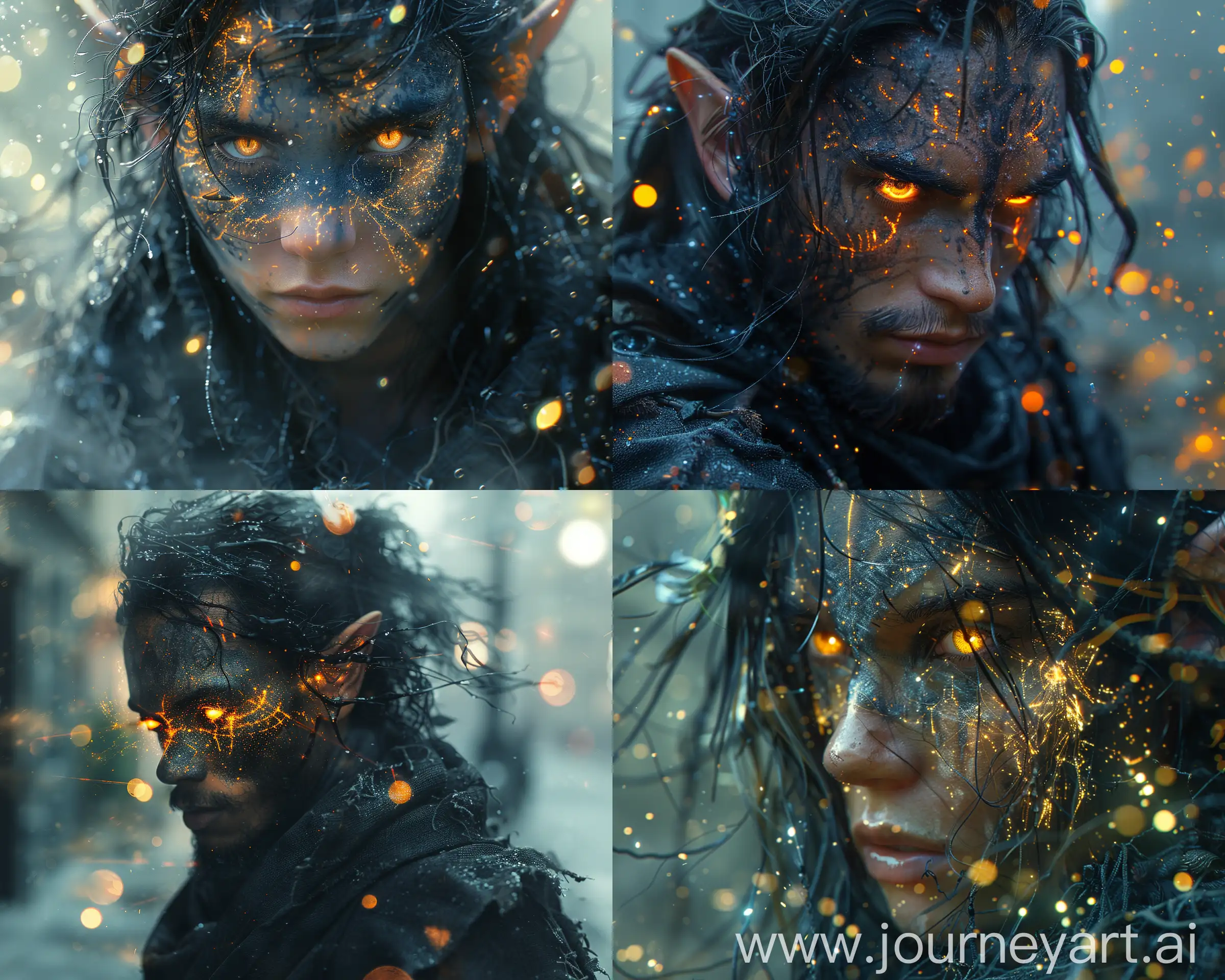 By Carlos Quevedo, Mehdi Hadi. Alphonso Dunn. ELF KING, epic fantasy[wild cyborg_elf_andriod, wild eyes; ragged black robe; (visible text:1.2) (code scripts scripting language 2.0), glowing runic face paint, particles in the air, transparent glowing shimmering circles: 2.0] split image, Amazing unique creation. Color depth. --ar 5:4 --s 850